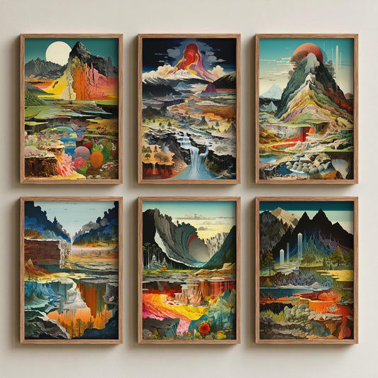 Set of Six Surreal Landscape Art Prints - 6 Colourful Geology Posters - Mountains, Waterfalls, Volcanic Layers Illustration