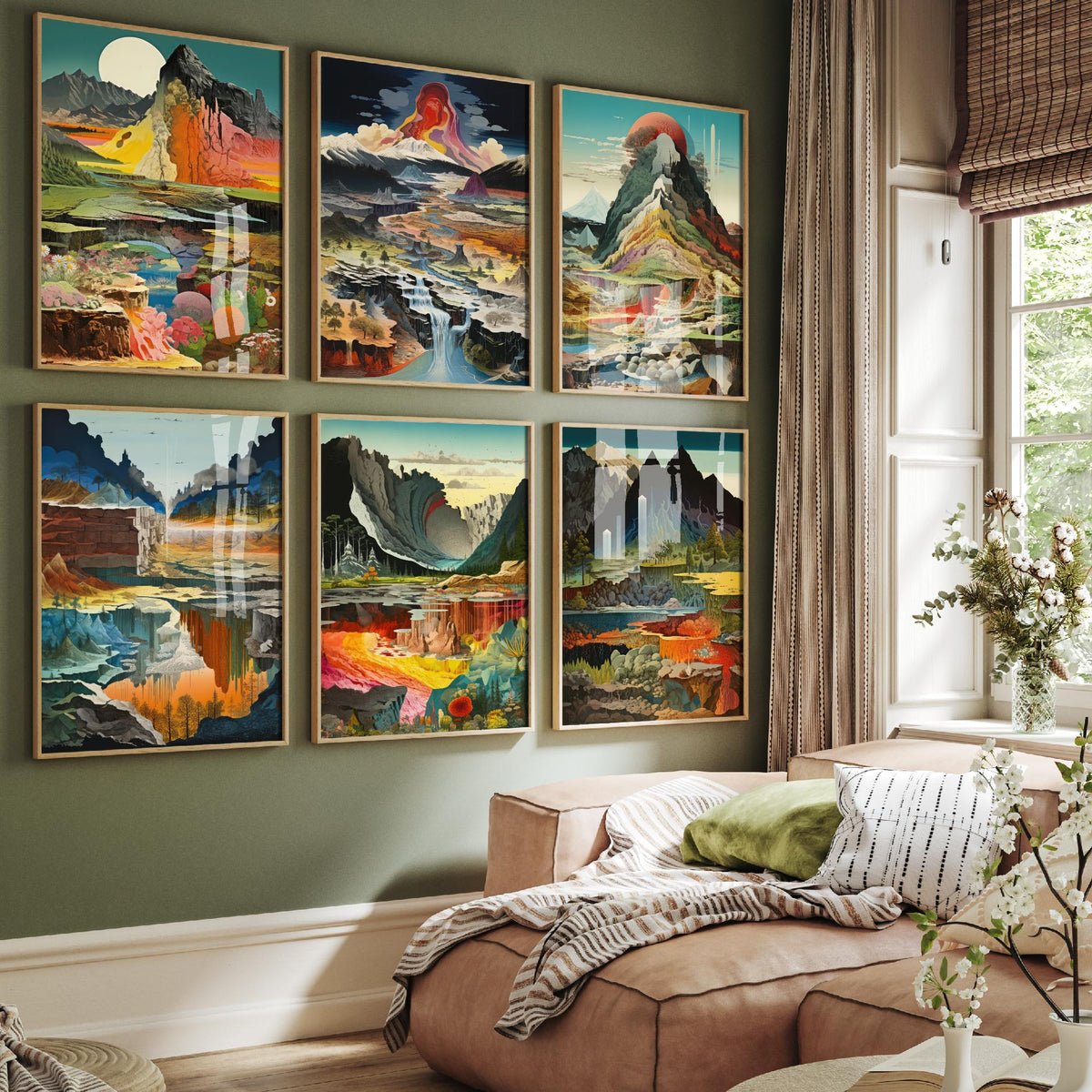 Set of Six Surreal Landscape Art Prints - 6 Colourful Geology Posters - Mountains, Waterfalls, Volcanic Layers Illustration