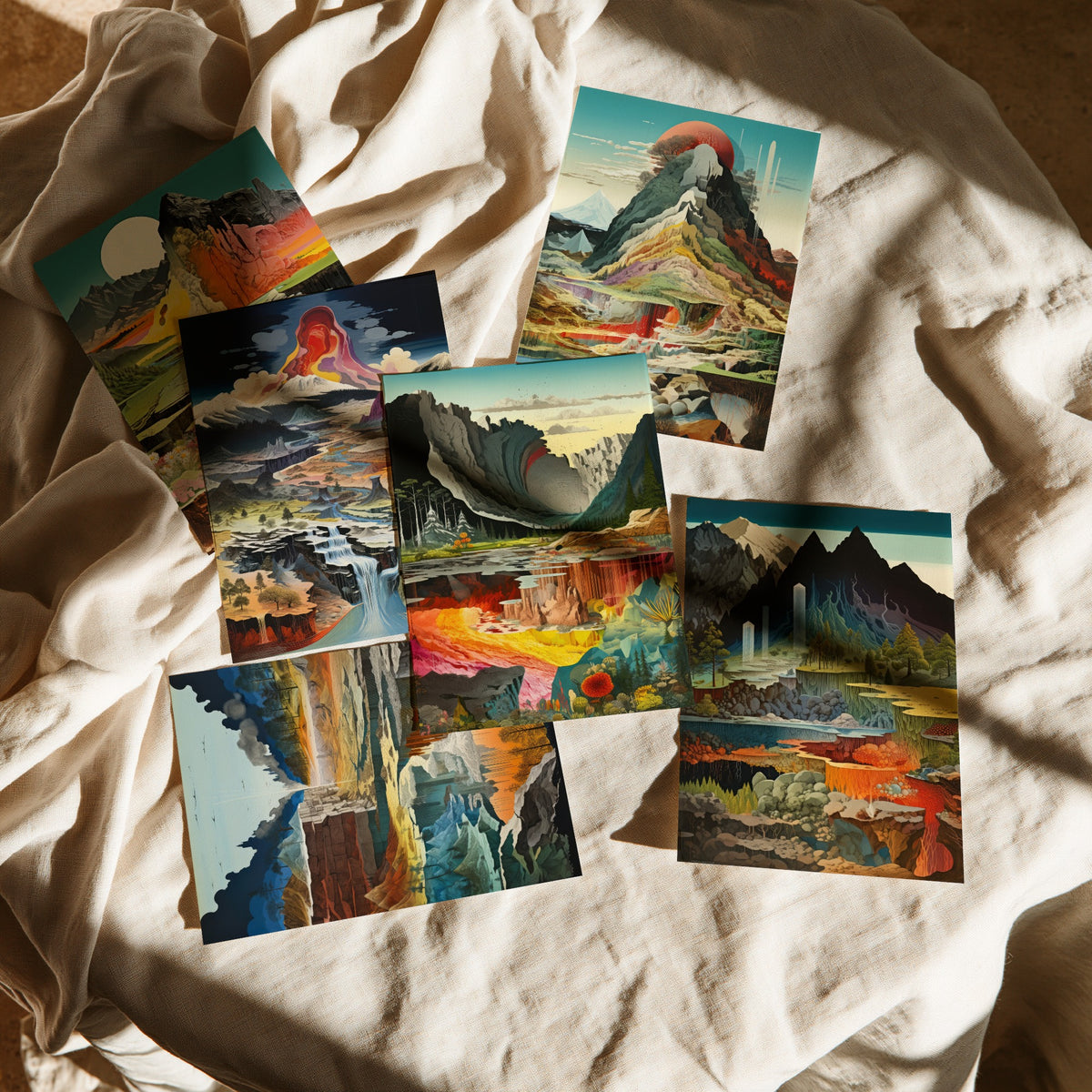 Set of Six Surreal Landscape Art Prints - 6 Colourful Geology Posters - Mountains, Waterfalls, Volcanic Layers Illustration