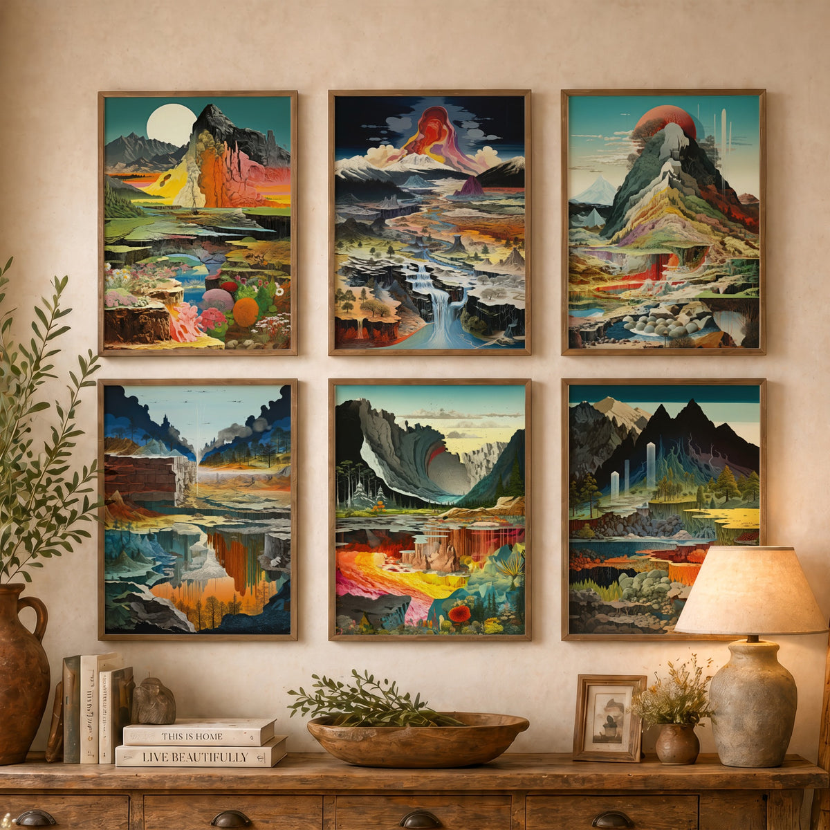 Set of Six Surreal Landscape Art Prints - 6 Colourful Geology Posters - Mountains, Waterfalls, Volcanic Layers Illustration
