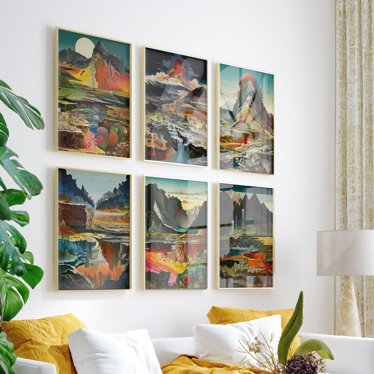 Set of Six Surreal Landscape Art Prints - 6 Colourful Geology Posters - Mountains, Waterfalls, Volcanic Layers Illustration