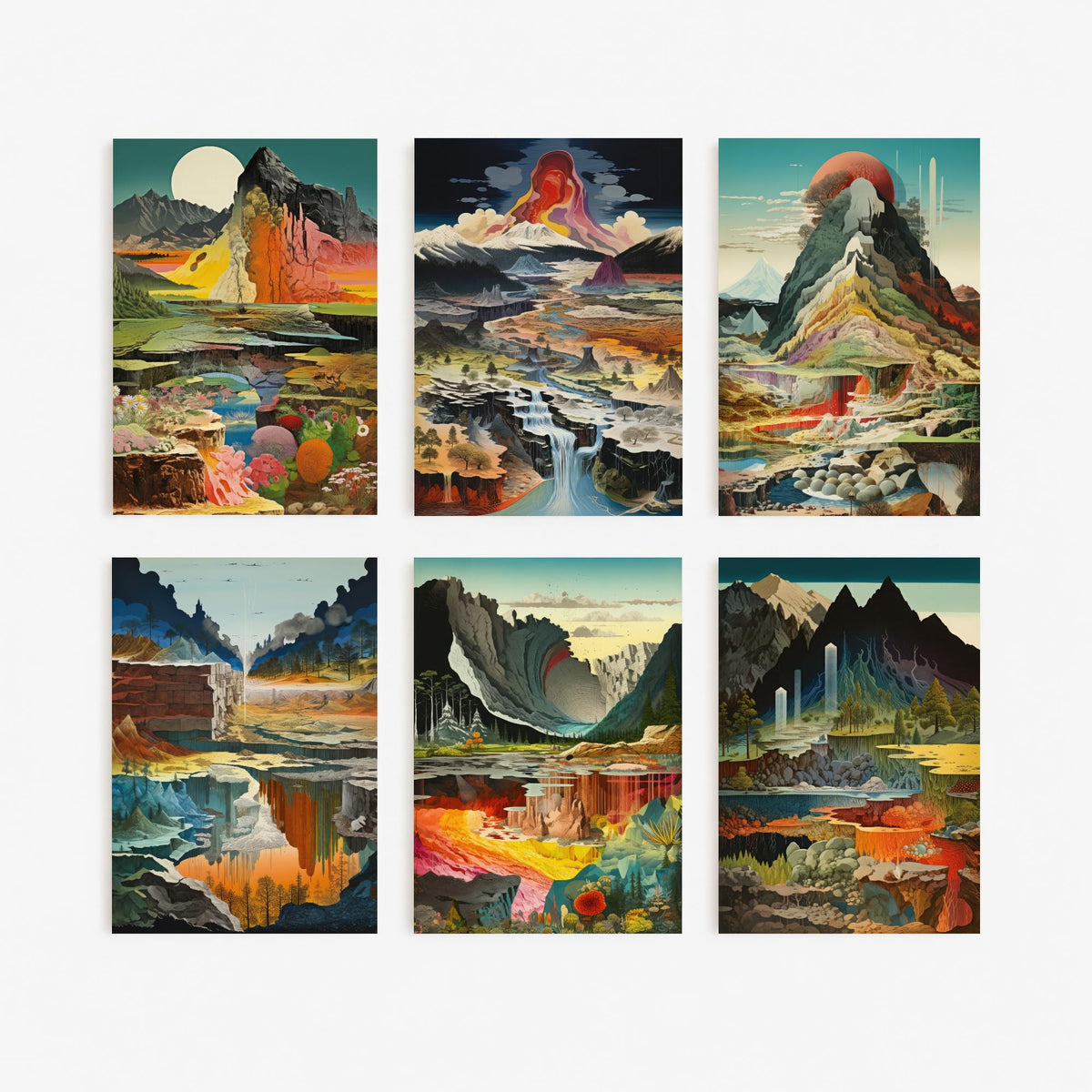 Set of Six Surreal Landscape Art Prints - 6 Colourful Geology Posters - Mountains, Waterfalls, Volcanic Layers Illustration