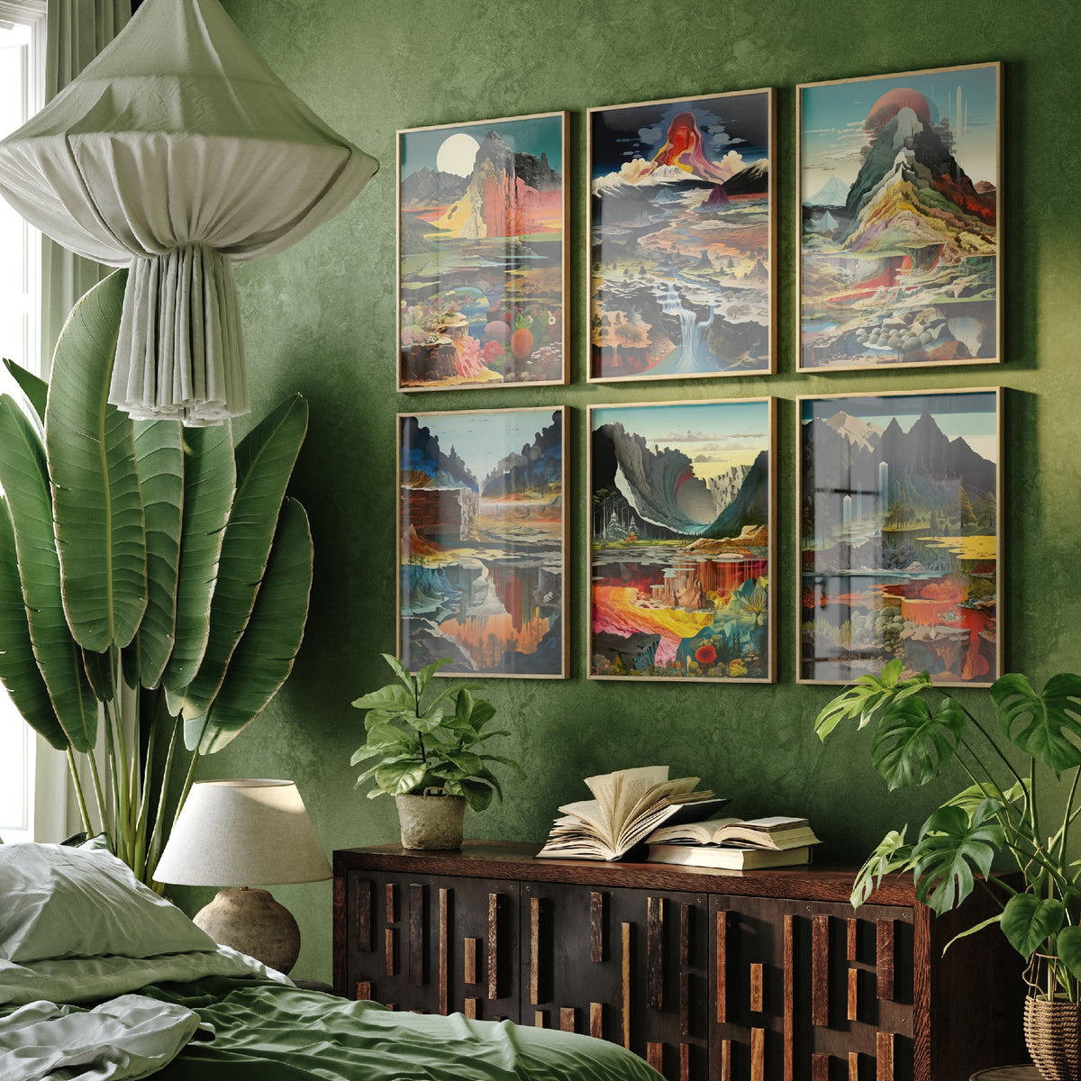 Set of Six Surreal Landscape Art Prints - 6 Colourful Geology Posters - Mountains, Waterfalls, Volcanic Layers Illustration