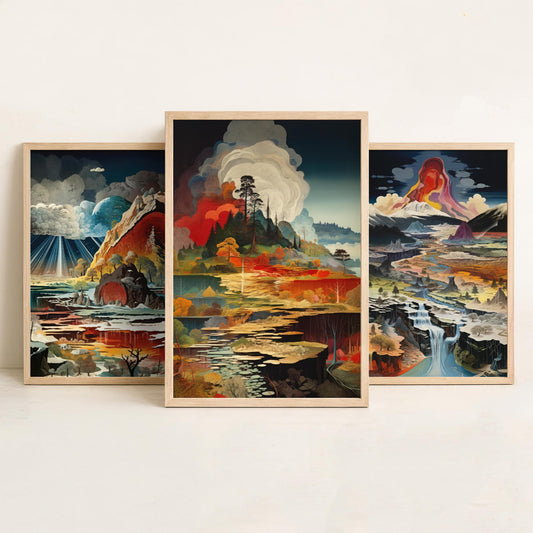 Topographical Explosion Set of Three Art Prints - 3 Abstract Contour Landscape Posters - Volcano Geyser Map Science Illustration Decor