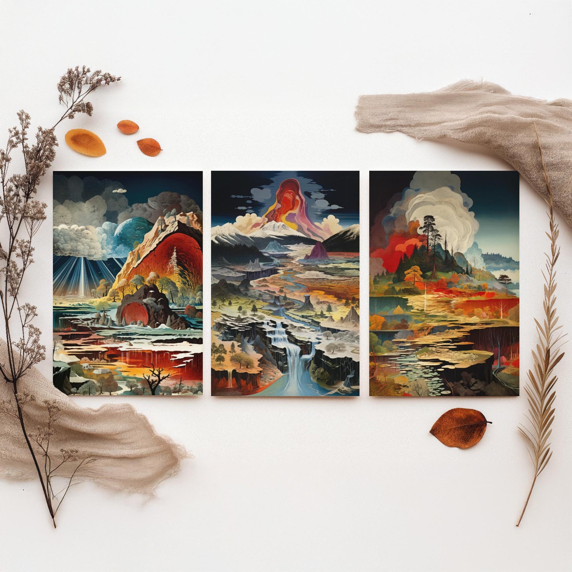 Topographical Explosion Set of Three Art Prints - 3 Abstract Contour Landscape Posters - Volcano Geyser Map Science Illustration Decor