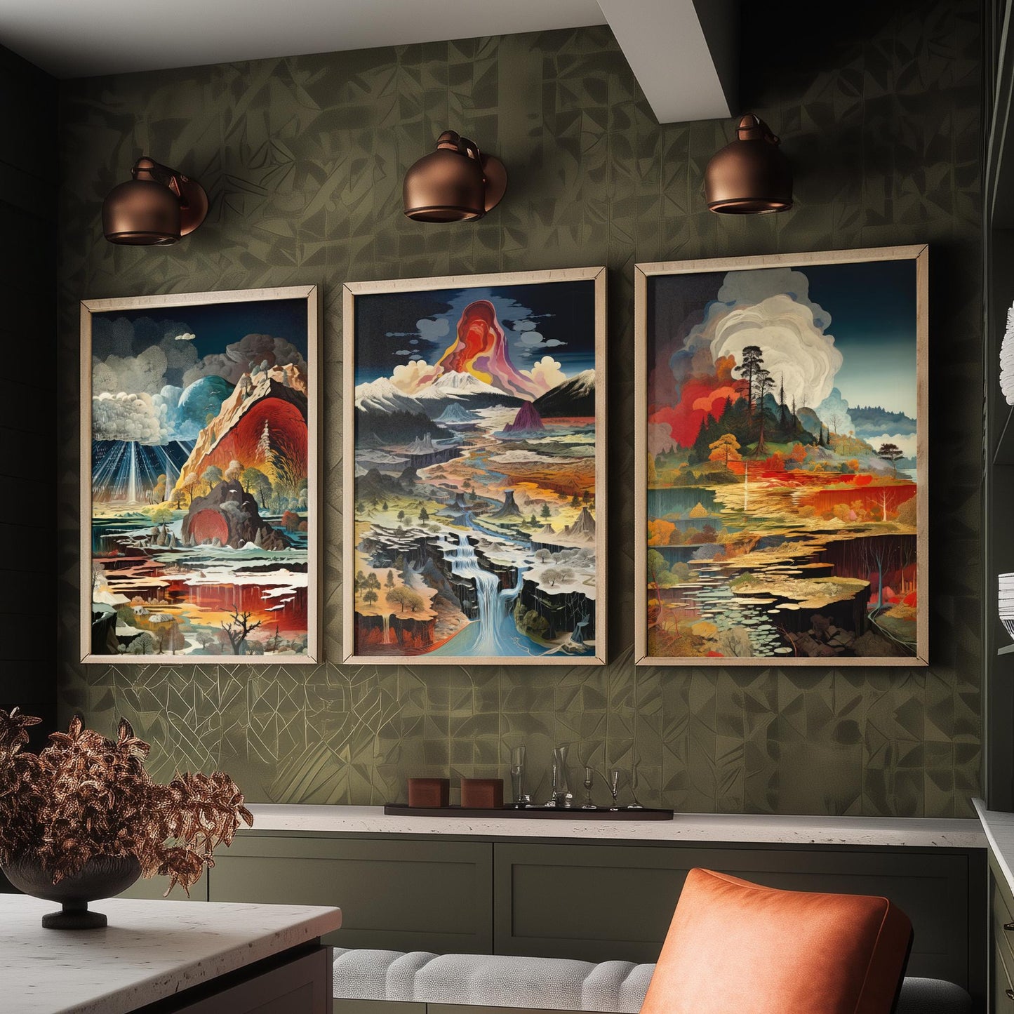 Topographical Explosion Set of Three Art Prints - 3 Abstract Contour Landscape Posters - Volcano Geyser Map Science Illustration Decor