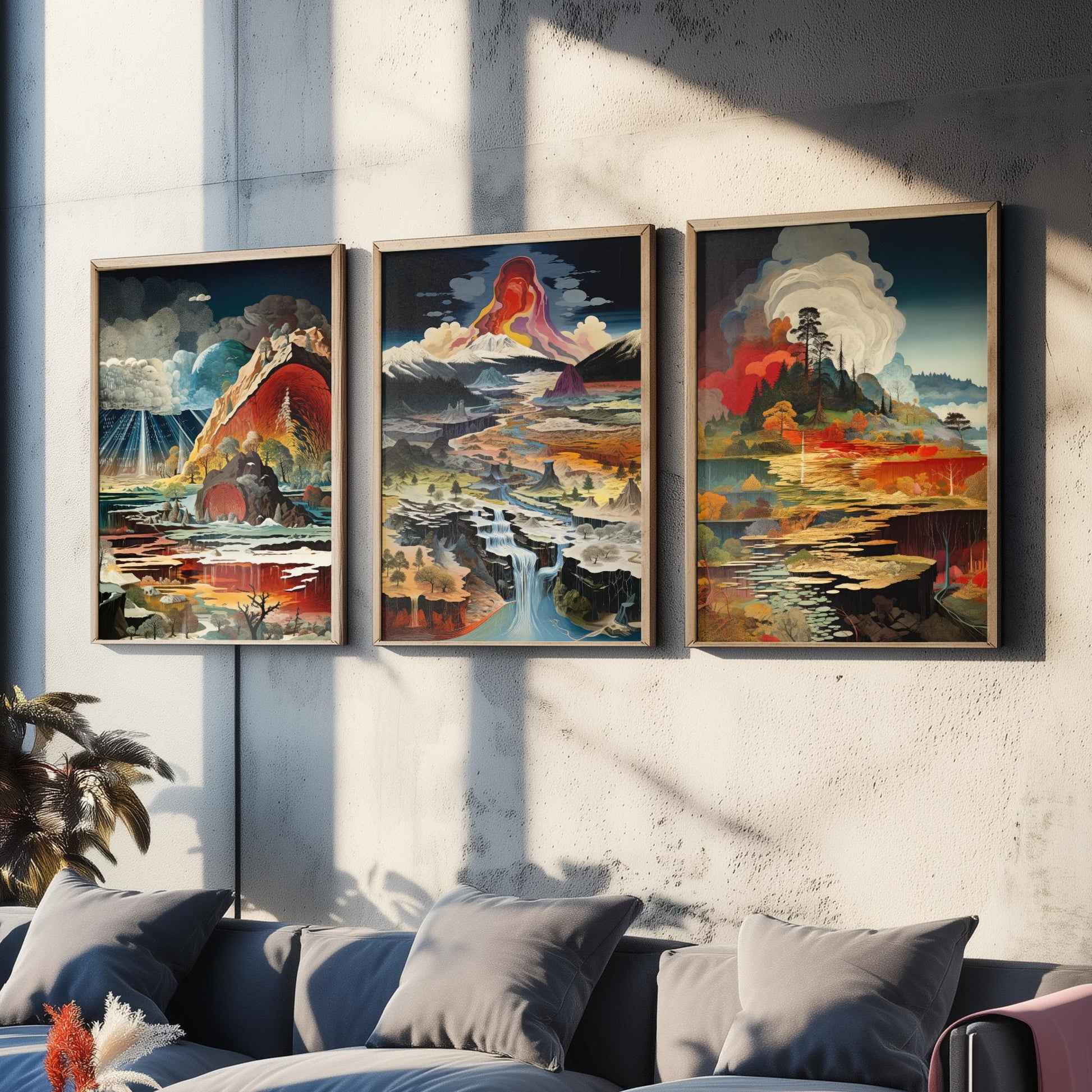 Topographical Explosion Set of Three Art Prints - 3 Abstract Contour Landscape Posters - Volcano Geyser Map Science Illustration Decor