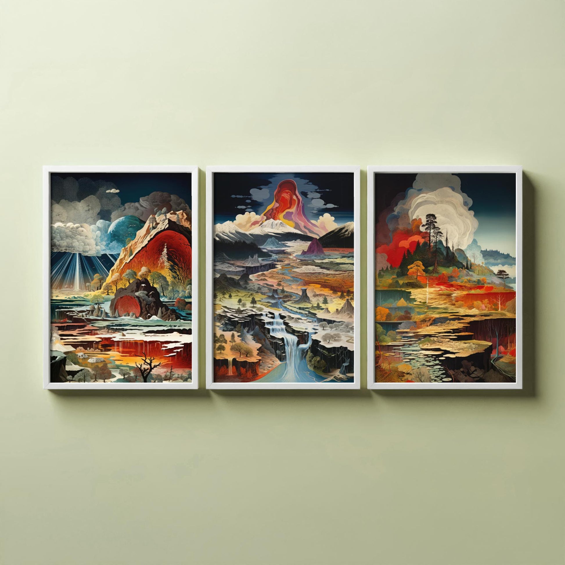 Topographical Explosion Set of Three Art Prints - 3 Abstract Contour Landscape Posters - Volcano Geyser Map Science Illustration Decor