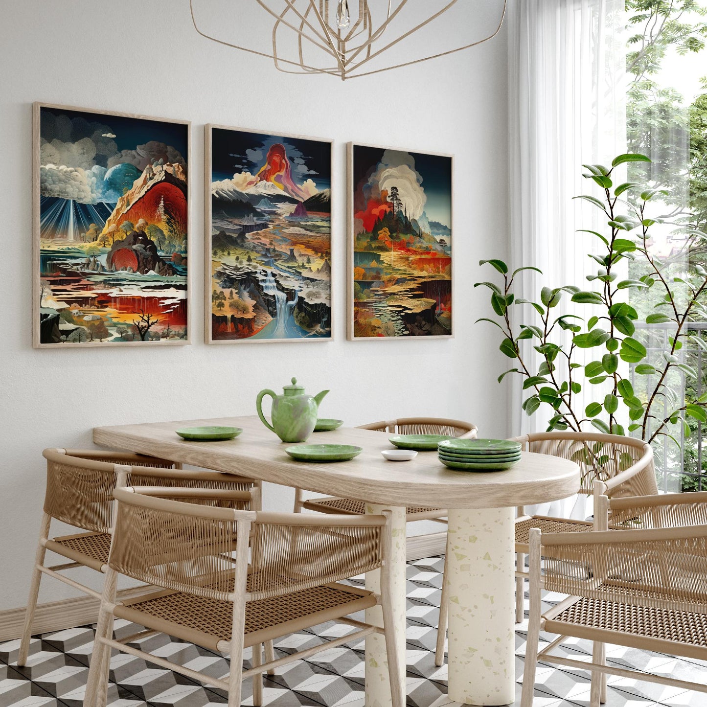 Topographical Explosion Set of Three Art Prints - 3 Abstract Contour Landscape Posters - Volcano Geyser Map Science Illustration Decor