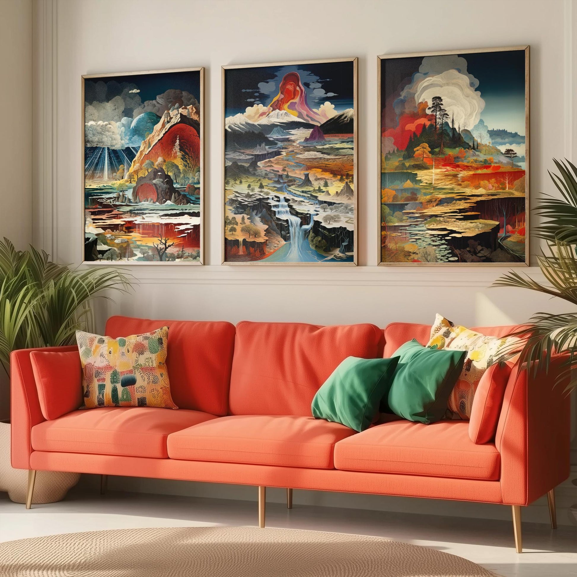 Topographical Explosion Set of Three Art Prints - 3 Abstract Contour Landscape Posters - Volcano Geyser Map Science Illustration Decor