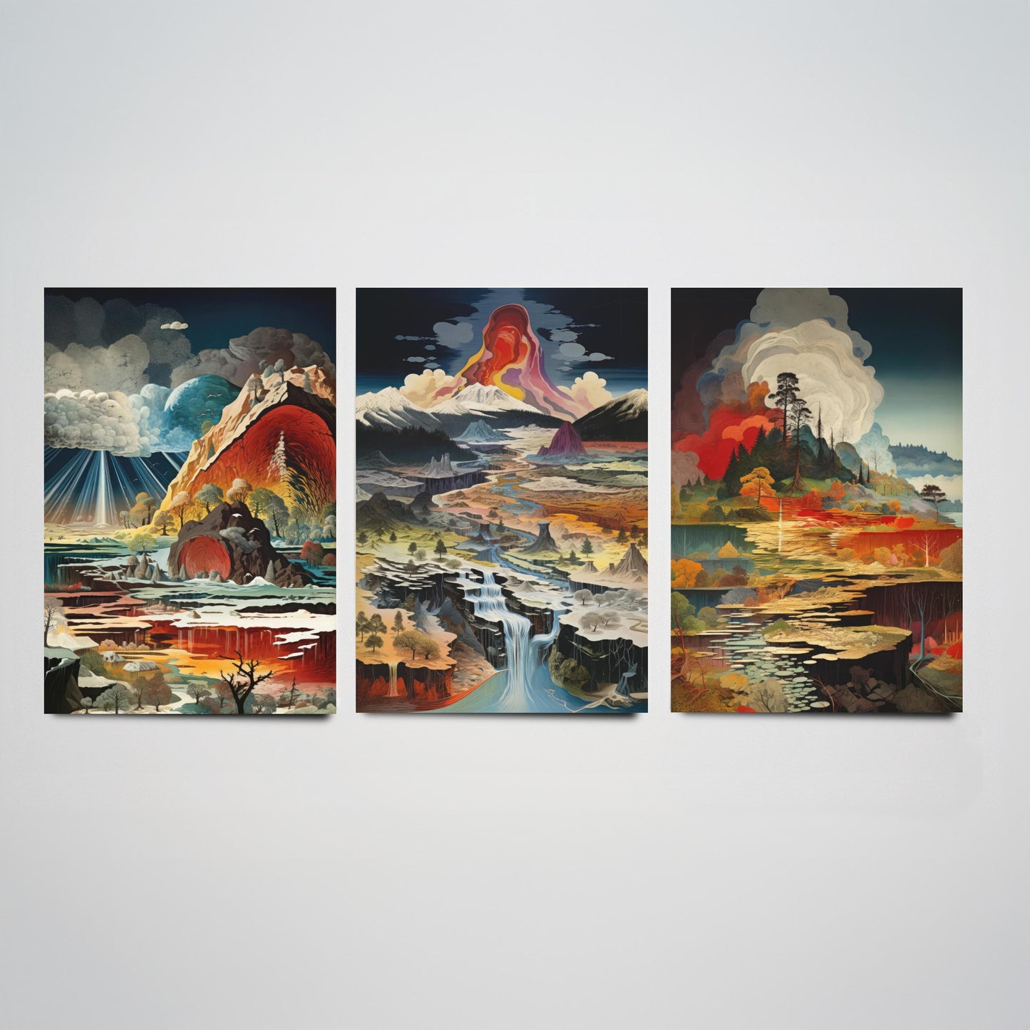 Topographical Explosion Set of Three Art Prints - 3 Abstract Contour Landscape Posters - Volcano Geyser Map Science Illustration Decor