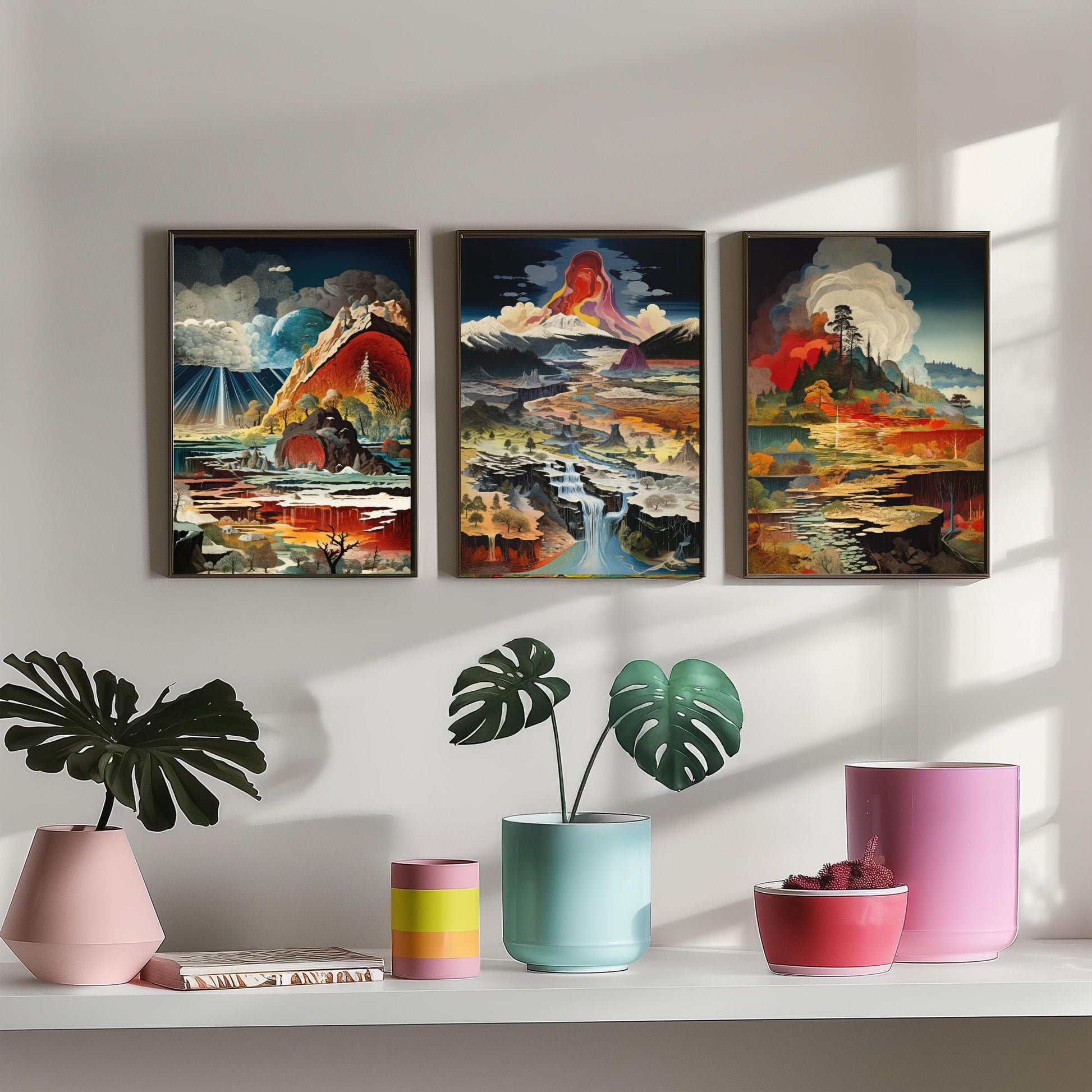 Topographical Explosion Set of Three Art Prints - 3 Abstract Contour Landscape Posters - Volcano Geyser Map Science Illustration Decor