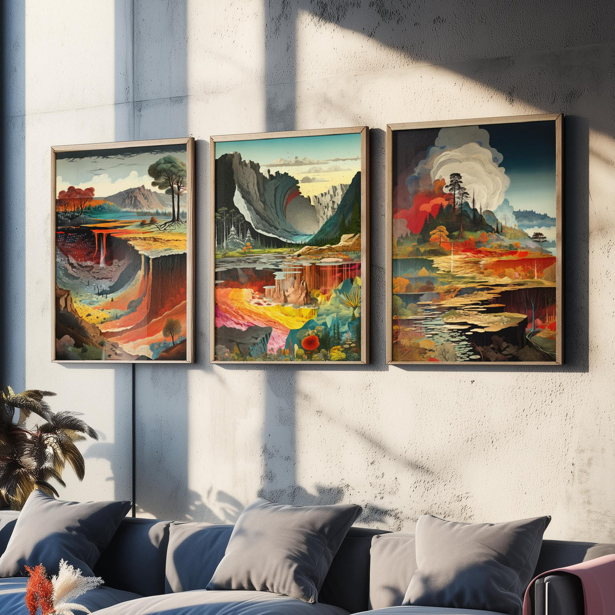 Topographical Explosion Set of Three Art Prints - Lava Canyon, Rainbow Strata, Smoking Forest Lake - Surreal Illustration Poster V1