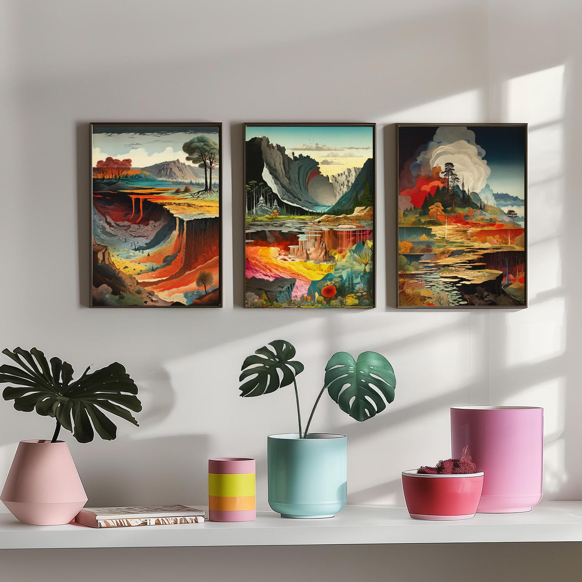 Topographical Explosion Set of Three Art Prints - Lava Canyon, Rainbow Strata, Smoking Forest Lake - Surreal Illustration Poster V1