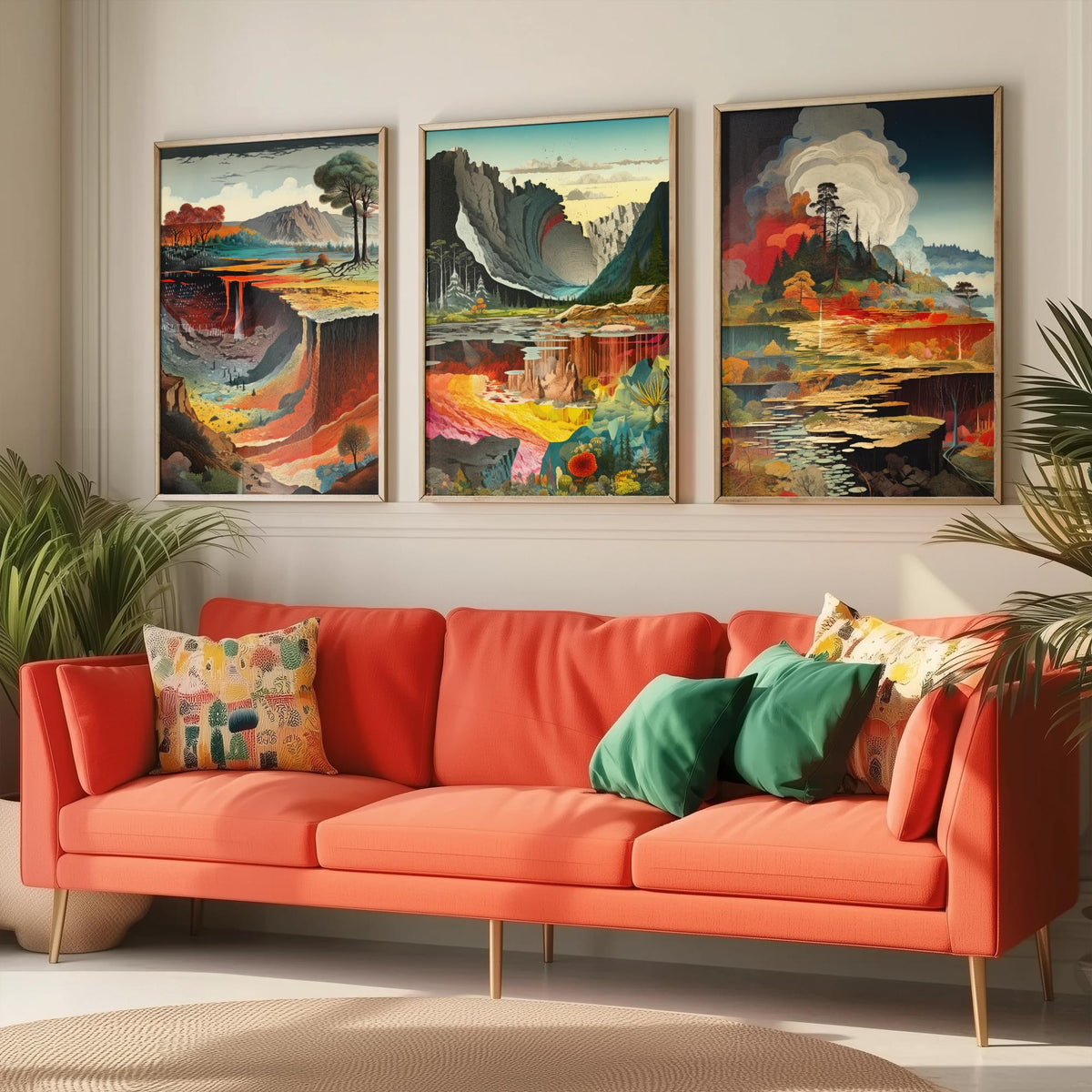 Topographical Explosion Set of Three Art Prints - Lava Canyon, Rainbow Strata, Smoking Forest Lake - Surreal Illustration Poster V1