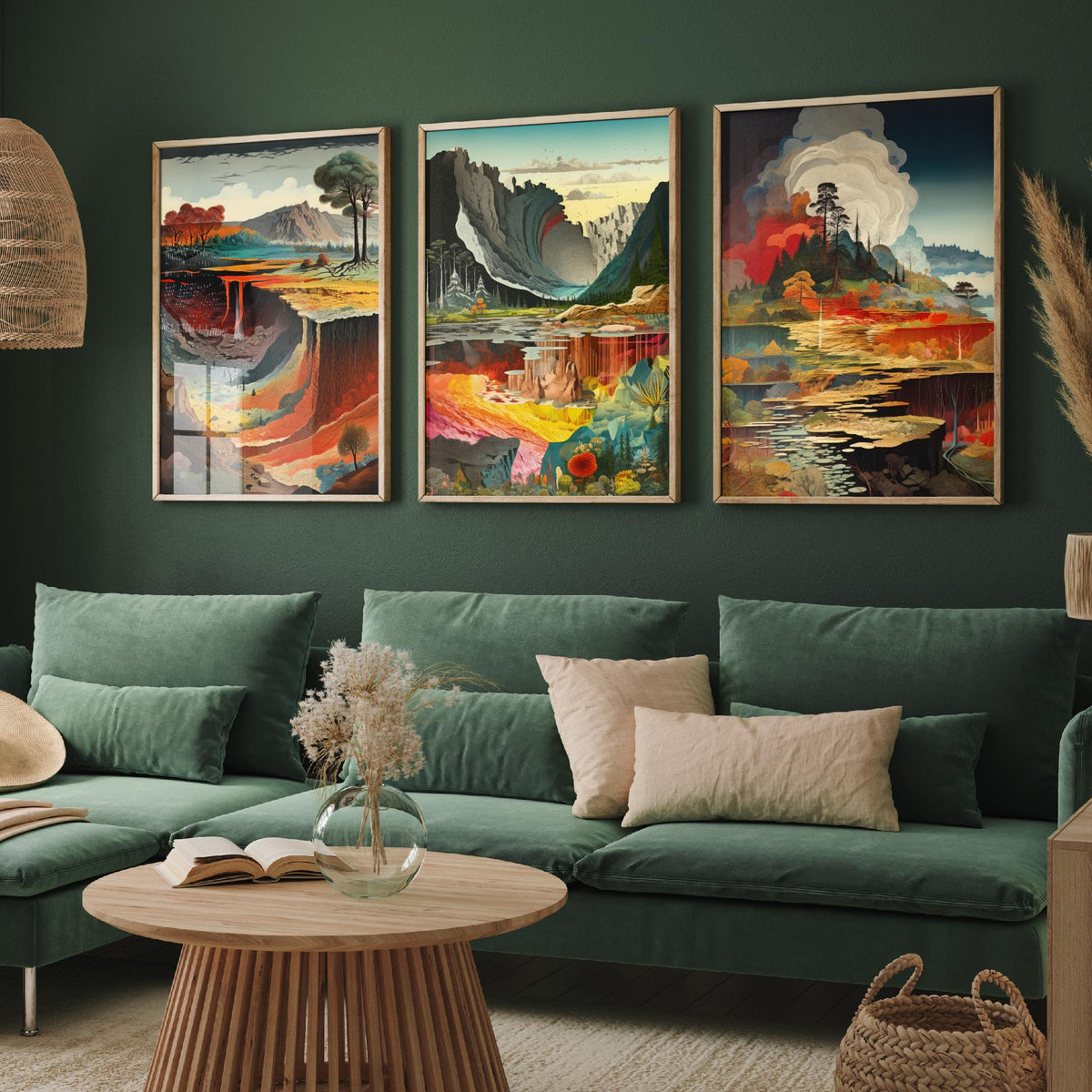 Topographical Explosion Set of Three Art Prints - Lava Canyon, Rainbow Strata, Smoking Forest Lake - Surreal Illustration Poster V1