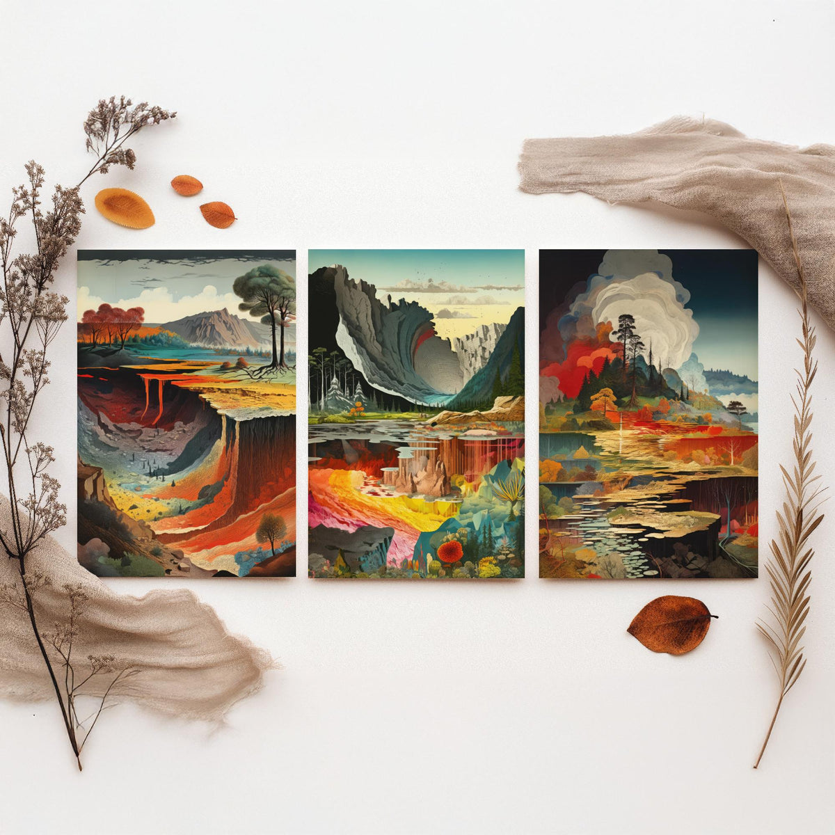 Topographical Explosion Set of Three Art Prints - Lava Canyon, Rainbow Strata, Smoking Forest Lake - Surreal Illustration Poster V1