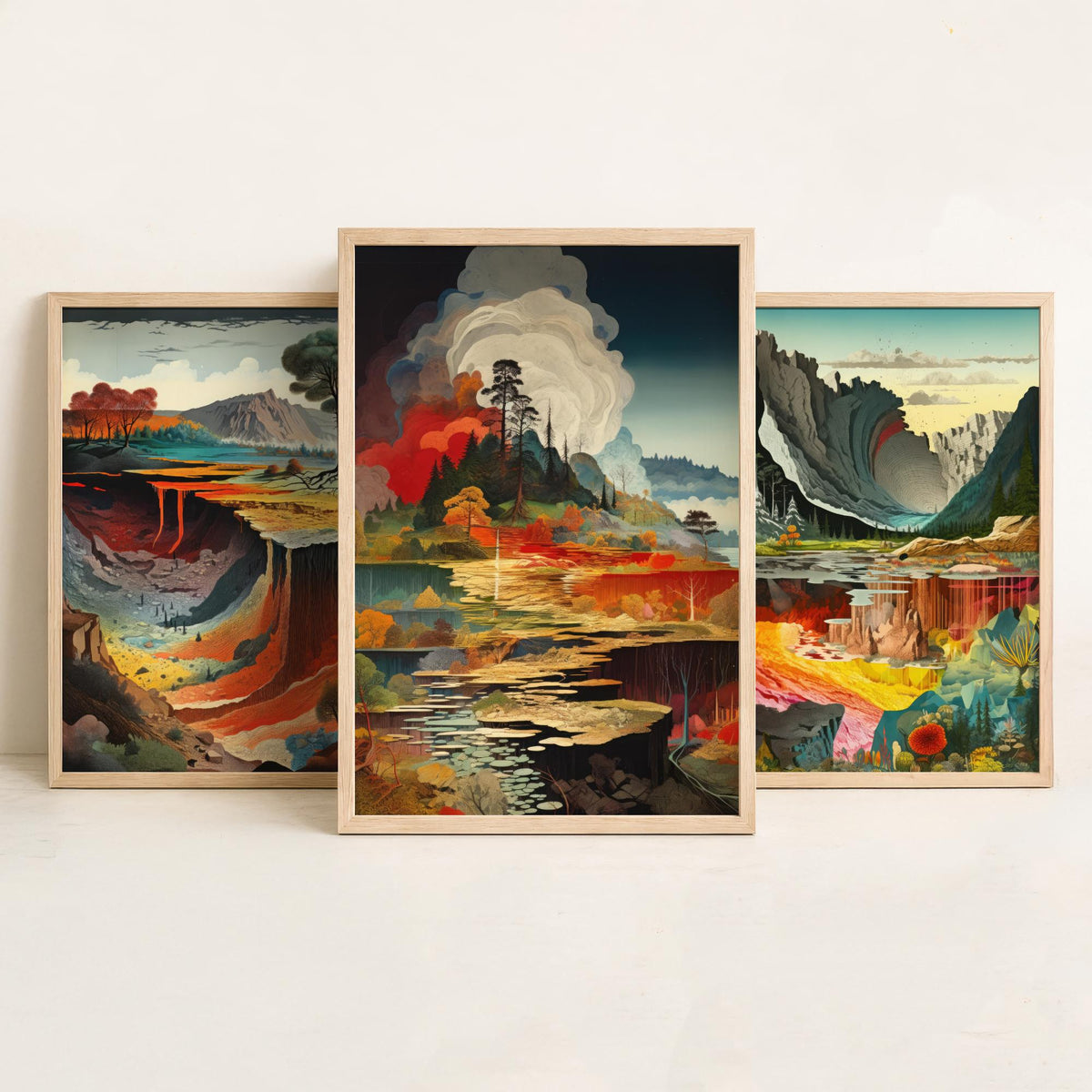 Topographical Explosion Set of Three Art Prints - Lava Canyon, Rainbow Strata, Smoking Forest Lake - Surreal Illustration Poster V1