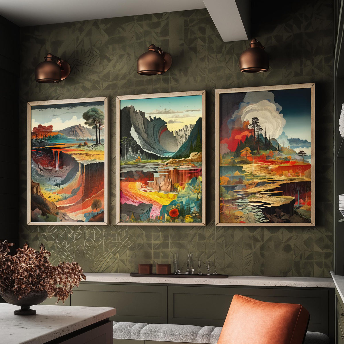 Topographical Explosion Set of Three Art Prints - Lava Canyon, Rainbow Strata, Smoking Forest Lake - Surreal Illustration Poster V1