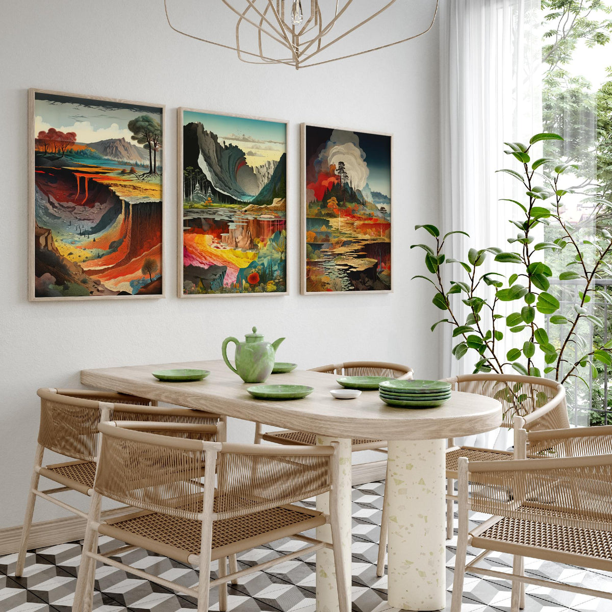 Topographical Explosion Set of Three Art Prints - Lava Canyon, Rainbow Strata, Smoking Forest Lake - Surreal Illustration Poster V1