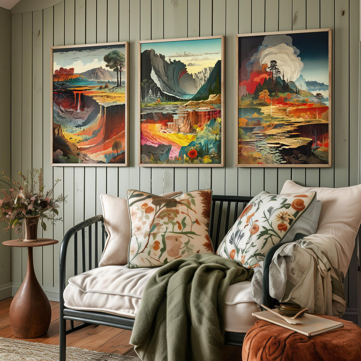 Topographical Explosion Set of Three Art Prints - Lava Canyon, Rainbow Strata, Smoking Forest Lake - Surreal Illustration Poster V1