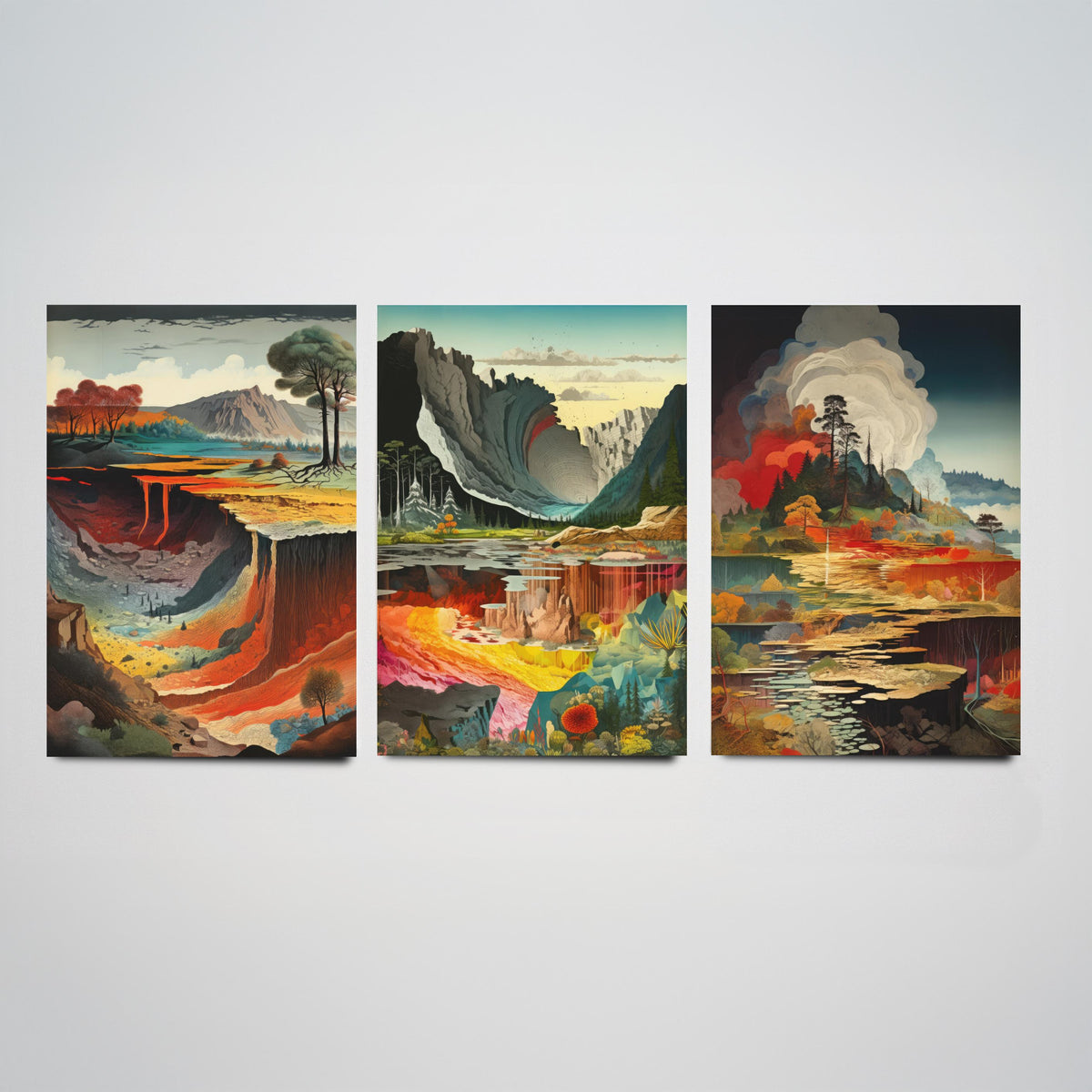Topographical Explosion Set of Three Art Prints - Lava Canyon, Rainbow Strata, Smoking Forest Lake - Surreal Illustration Poster V1