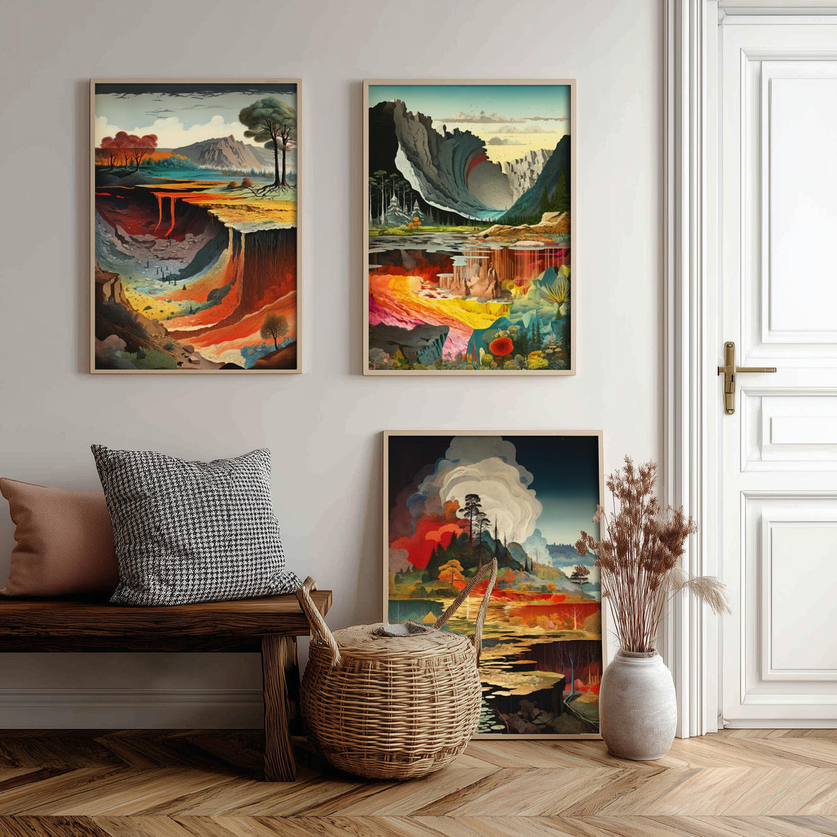 Topographical Explosion Set of Three Art Prints - Lava Canyon, Rainbow Strata, Smoking Forest Lake - Surreal Illustration Poster V1