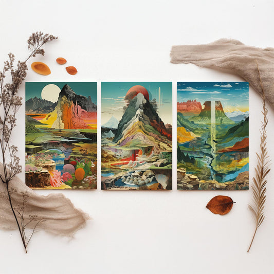 Surreal Mountain Set of Three Art Prints - Moonlit Peak, Red Sun Summit, River Valley Mesa - Topographical Explosion Illustration Poster V2