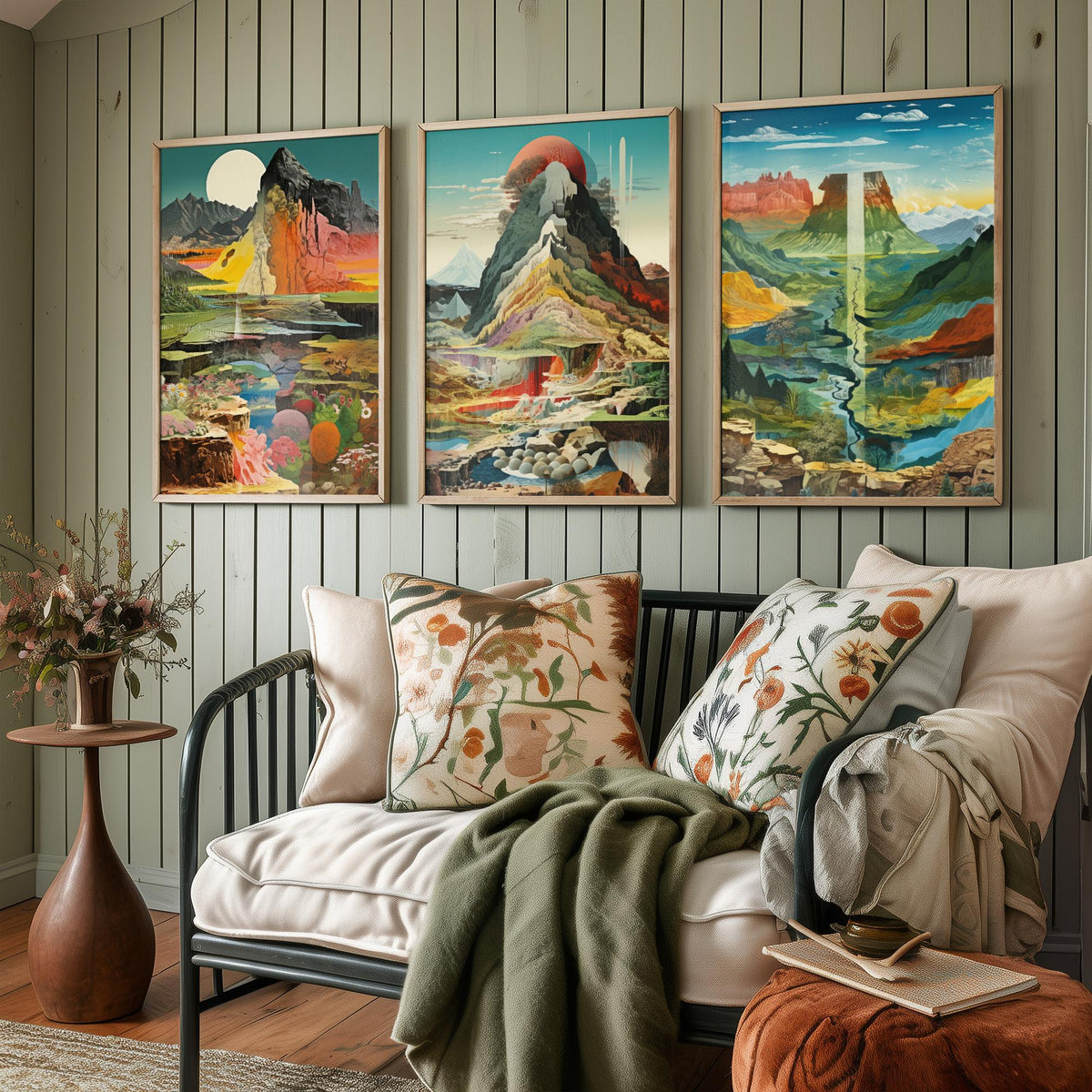 Surreal Mountain Set of Three Art Prints - Moonlit Peak, Red Sun Summit, River Valley Mesa - Topographical Explosion Illustration Poster V2