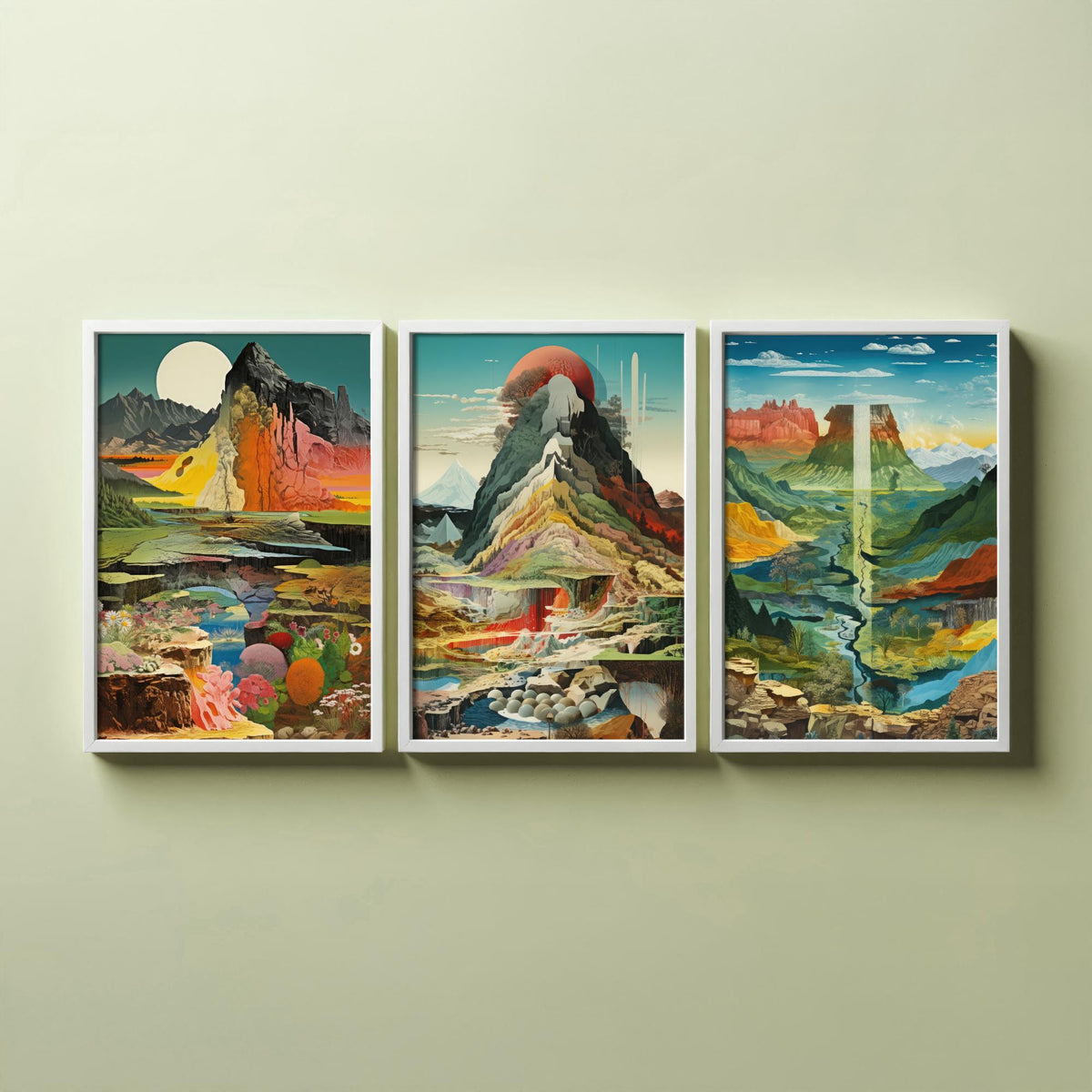 Surreal Mountain Set of Three Art Prints - Moonlit Peak, Red Sun Summit, River Valley Mesa - Topographical Explosion Illustration Poster V2