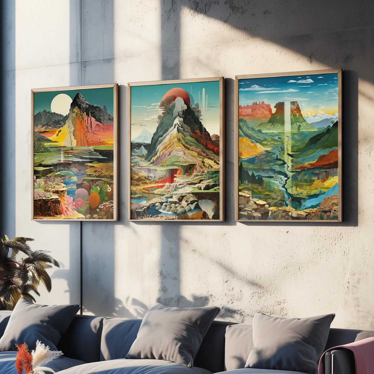 Surreal Mountain Set of Three Art Prints - Moonlit Peak, Red Sun Summit, River Valley Mesa - Topographical Explosion Illustration Poster V2