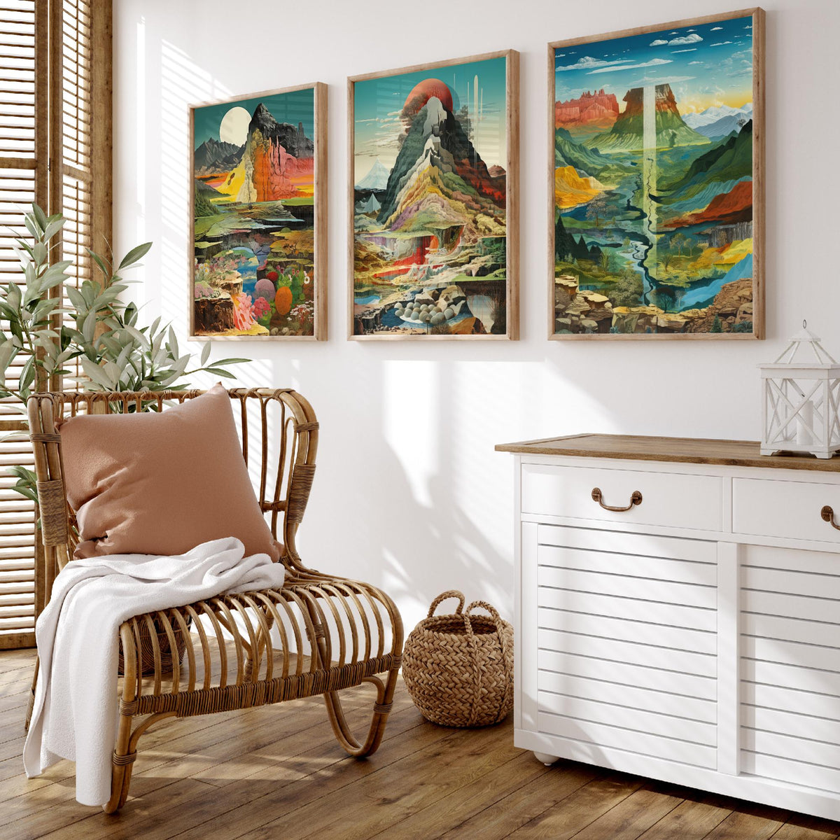 Surreal Mountain Set of Three Art Prints - Moonlit Peak, Red Sun Summit, River Valley Mesa - Topographical Explosion Illustration Poster V2