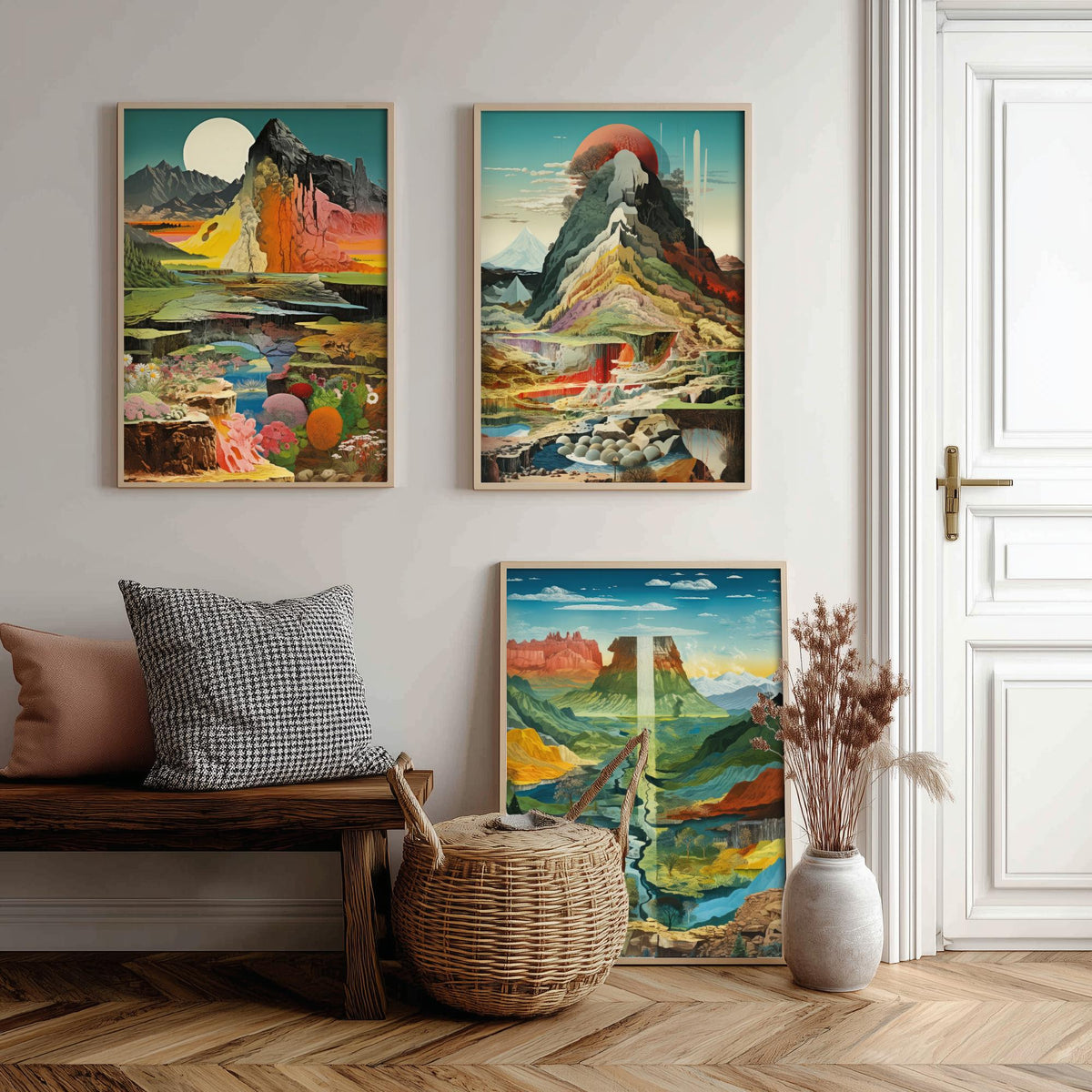 Surreal Mountain Set of Three Art Prints - Moonlit Peak, Red Sun Summit, River Valley Mesa - Topographical Explosion Illustration Poster V2