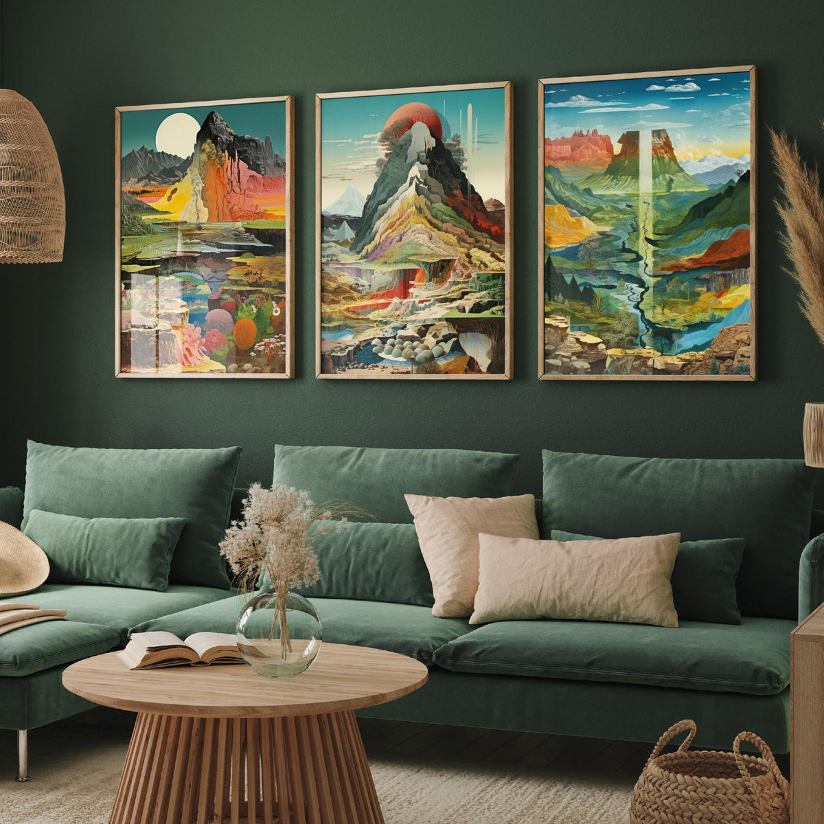 Surreal Mountain Set of Three Art Prints - Moonlit Peak, Red Sun Summit, River Valley Mesa - Topographical Explosion Illustration Poster V2