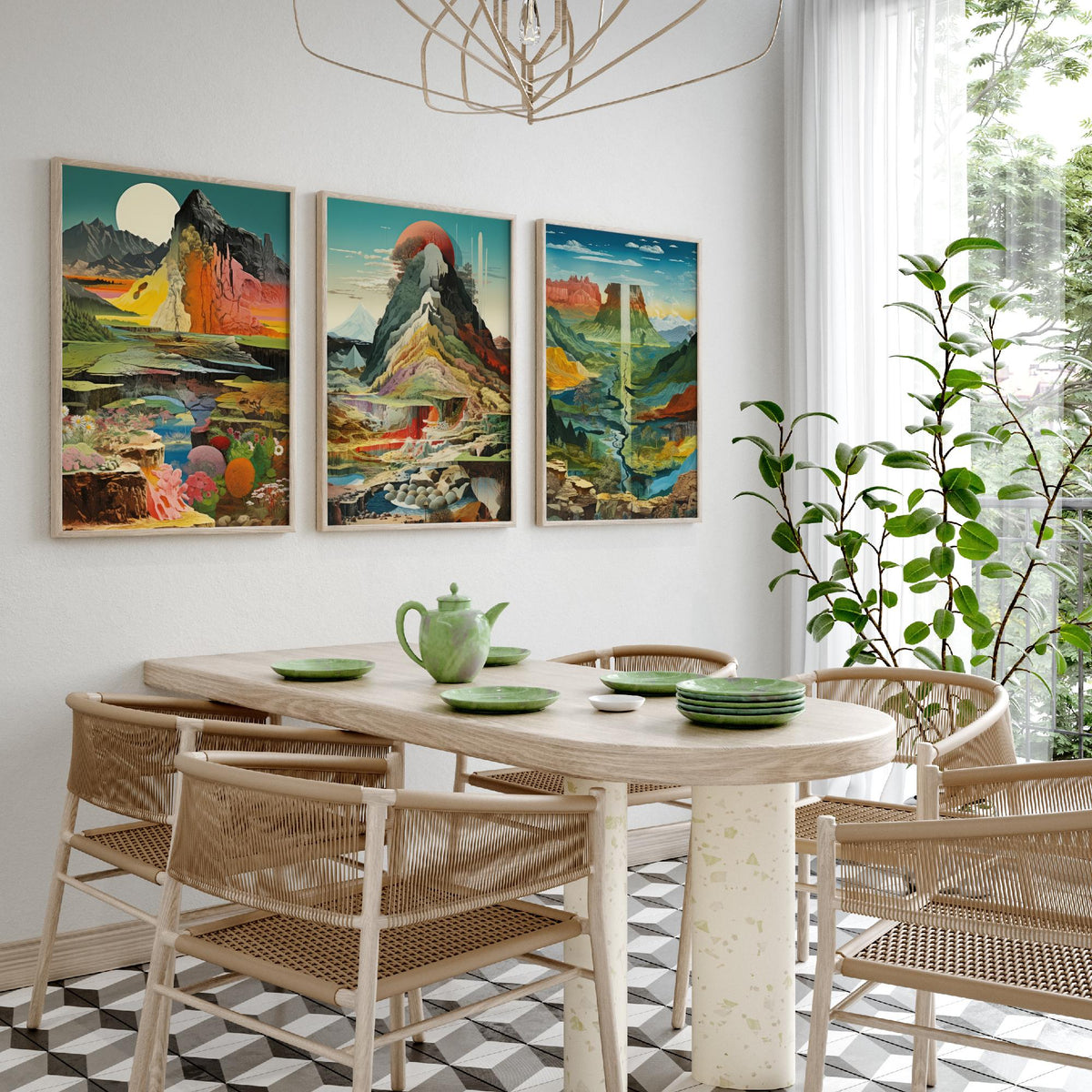 Surreal Mountain Set of Three Art Prints - Moonlit Peak, Red Sun Summit, River Valley Mesa - Topographical Explosion Illustration Poster V2