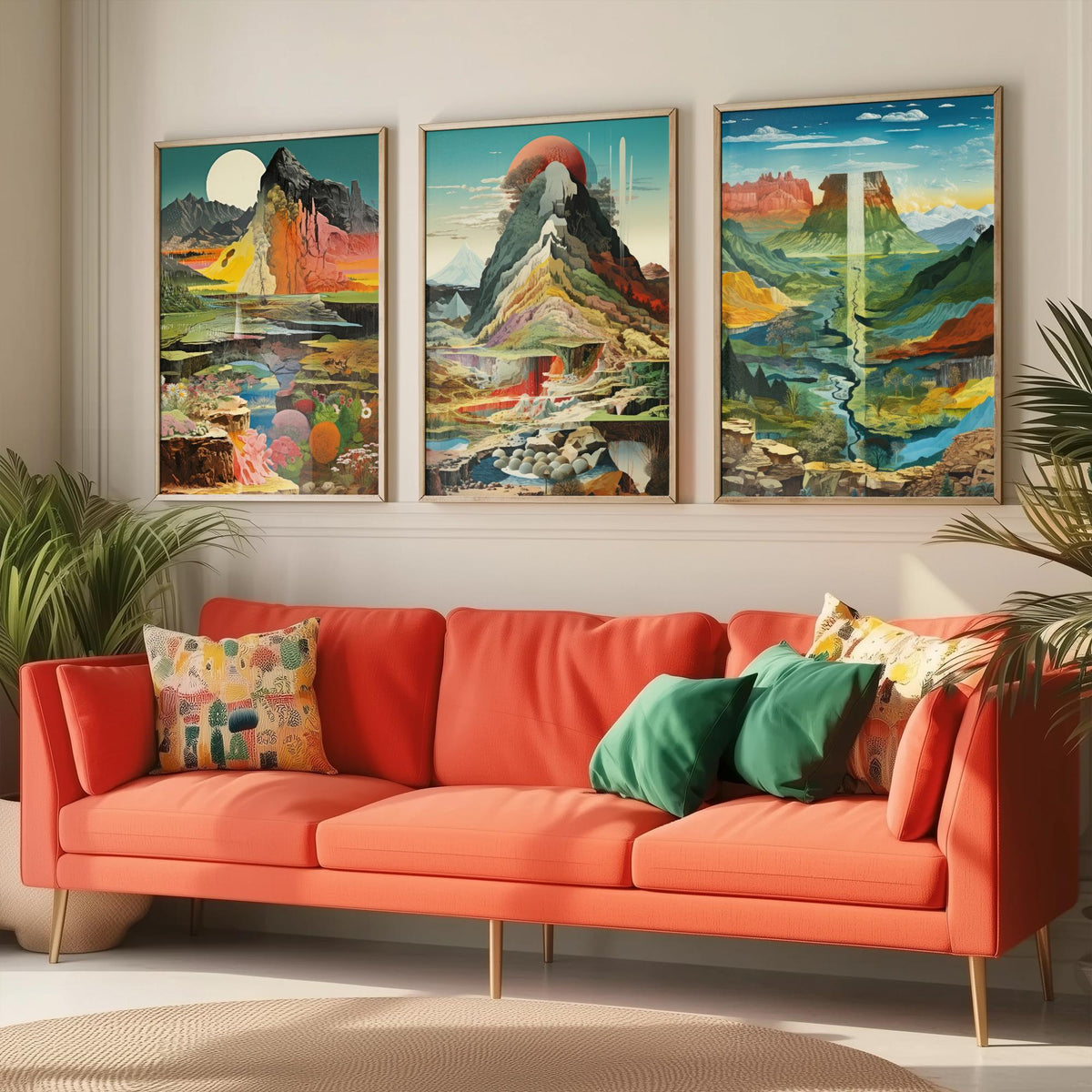Surreal Mountain Set of Three Art Prints - Moonlit Peak, Red Sun Summit, River Valley Mesa - Topographical Explosion Illustration Poster V2