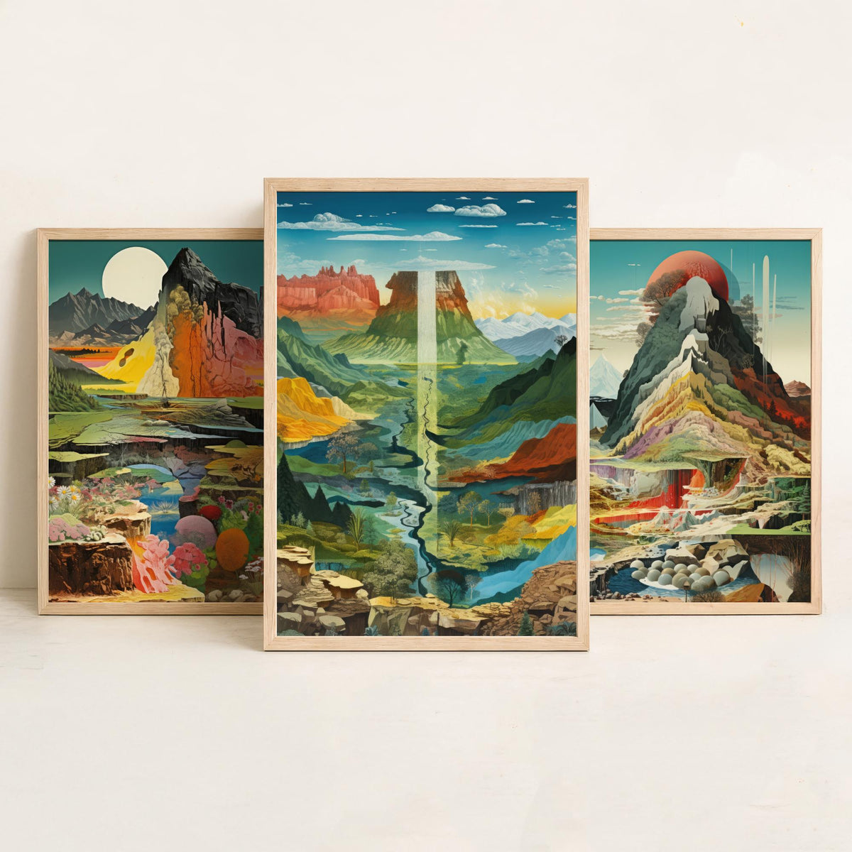 Surreal Mountain Set of Three Art Prints - Moonlit Peak, Red Sun Summit, River Valley Mesa - Topographical Explosion Illustration Poster V2