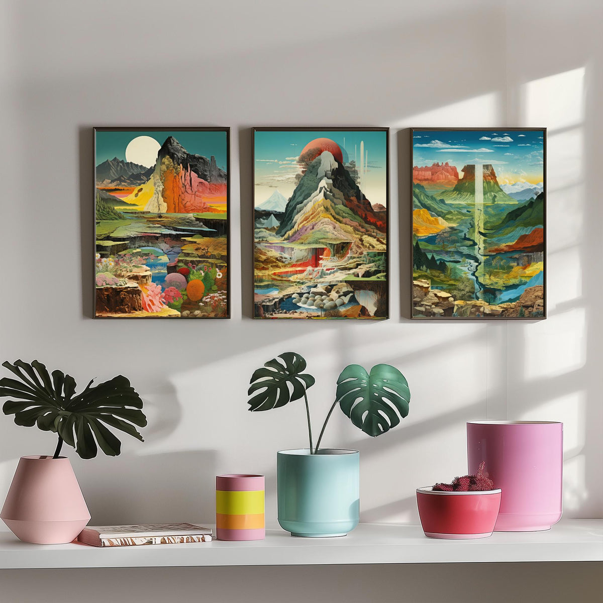 Surreal Mountain Set of Three Art Prints - Moonlit Peak, Red Sun Summit, River Valley Mesa - Topographical Explosion Illustration Poster V2