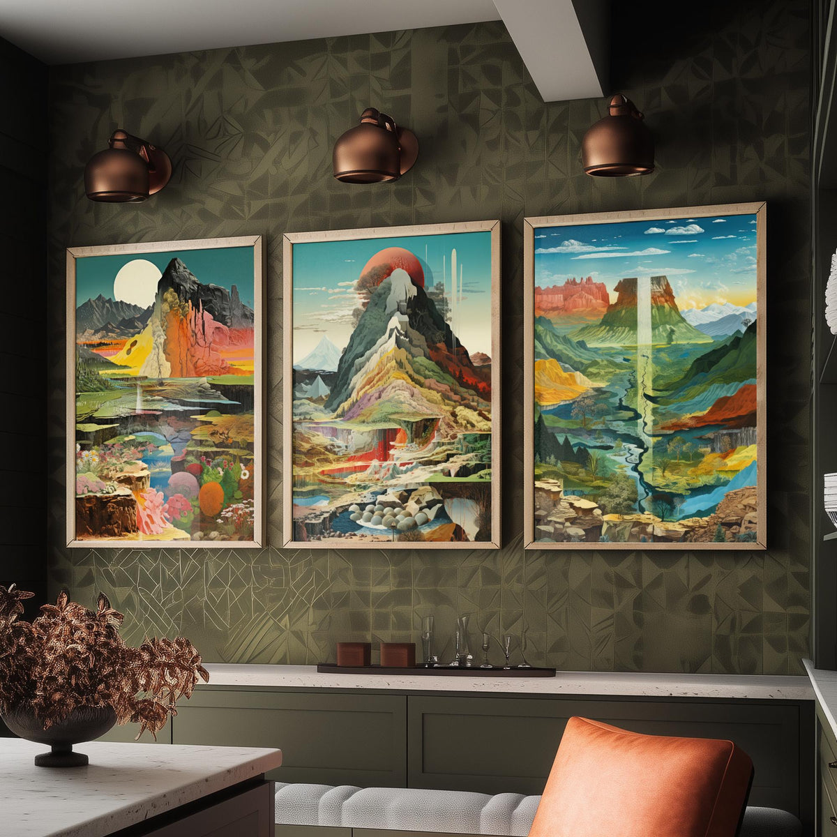 Surreal Mountain Set of Three Art Prints - Moonlit Peak, Red Sun Summit, River Valley Mesa - Topographical Explosion Illustration Poster V2