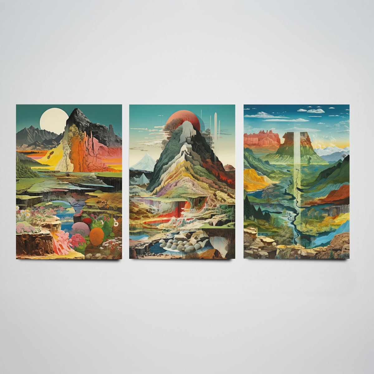 Surreal Mountain Set of Three Art Prints - Moonlit Peak, Red Sun Summit, River Valley Mesa - Topographical Explosion Illustration Poster V2