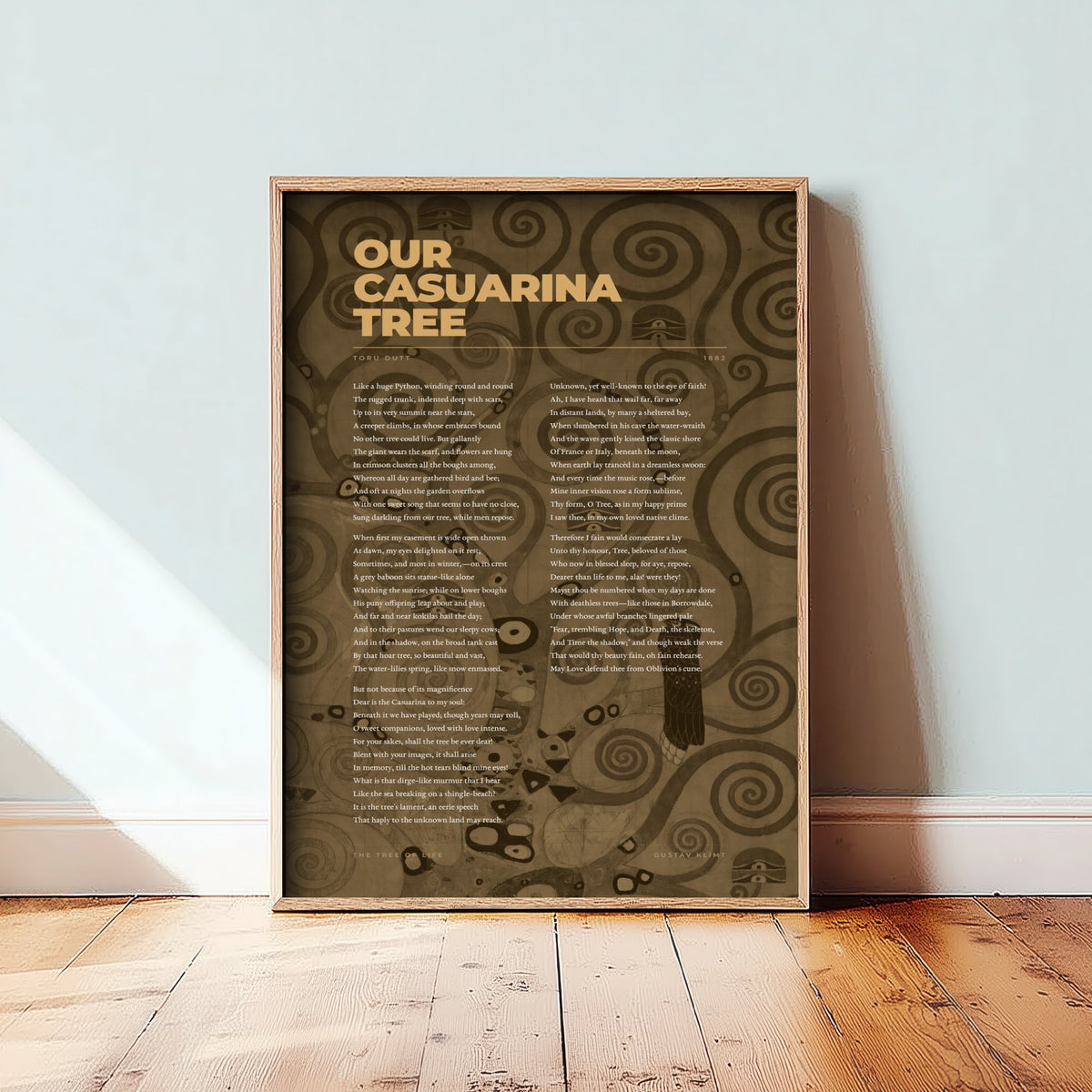 Our Casuarina Tree by Toru Dutt Art Print - Full Poem over Klimt Tree of Life Painting - Indian Poetry Poster