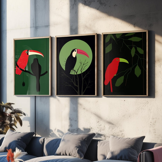 Toucan Set of Three Art Prints - Red and Black Tropical Birds on Jungle Green - Minimalist Mid Century Illustration Poster