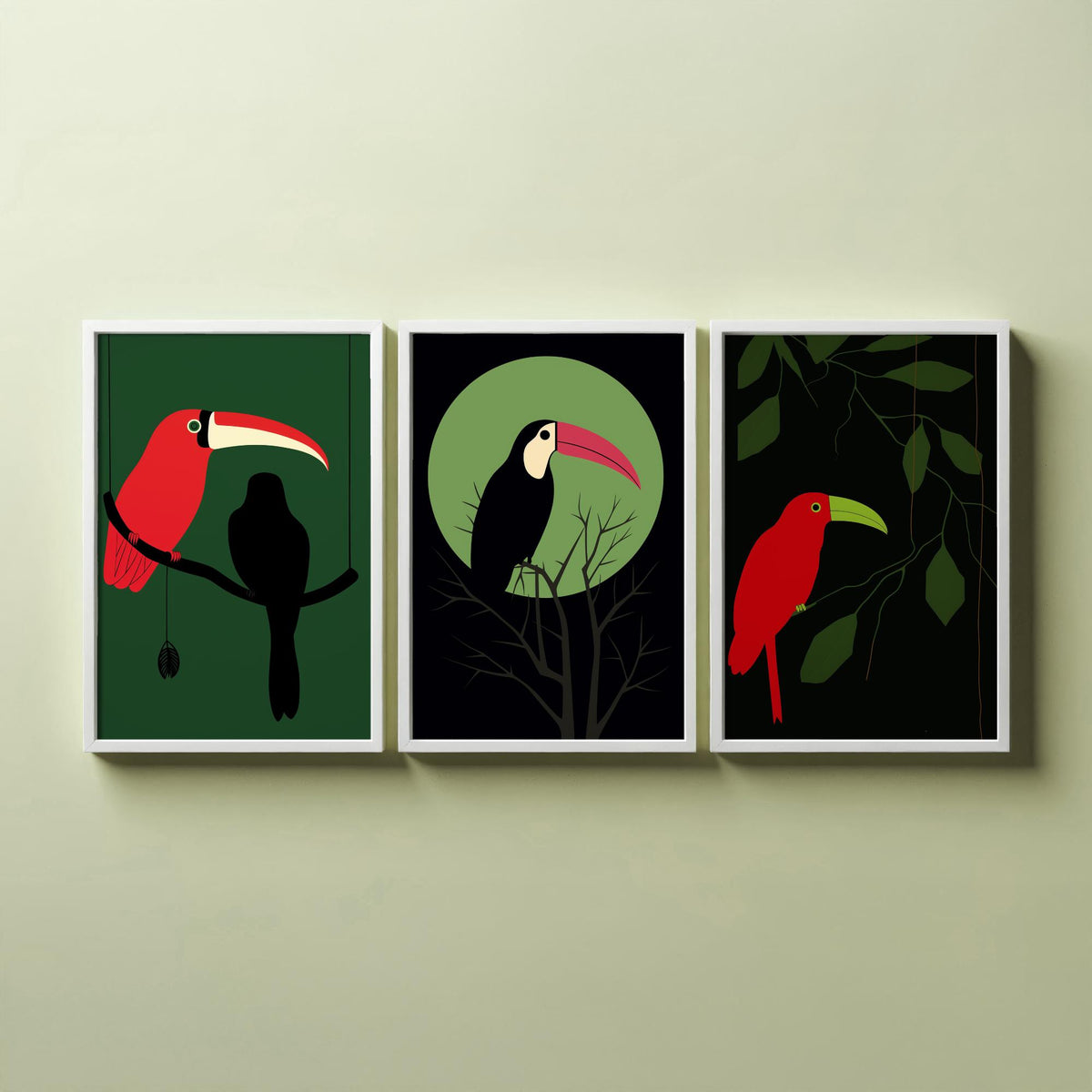Toucan Set of Three Art Prints - Red and Black Tropical Birds on Jungle Green - Minimalist Mid Century Illustration Poster