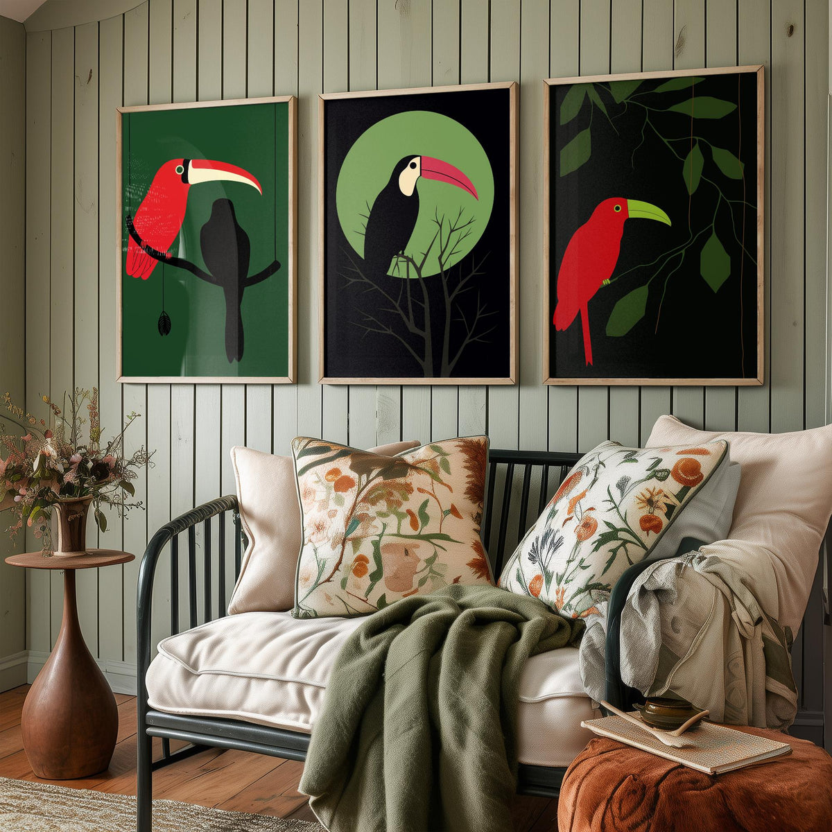 Toucan Set of Three Art Prints - Red and Black Tropical Birds on Jungle Green - Minimalist Mid Century Illustration Poster