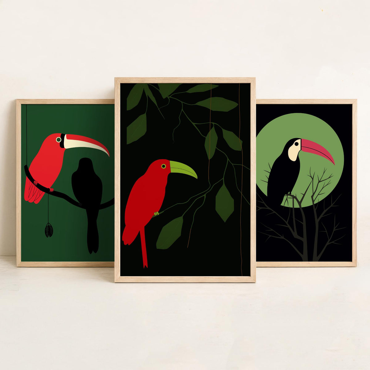 Toucan Set of Three Art Prints - Red and Black Tropical Birds on Jungle Green - Minimalist Mid Century Illustration Poster