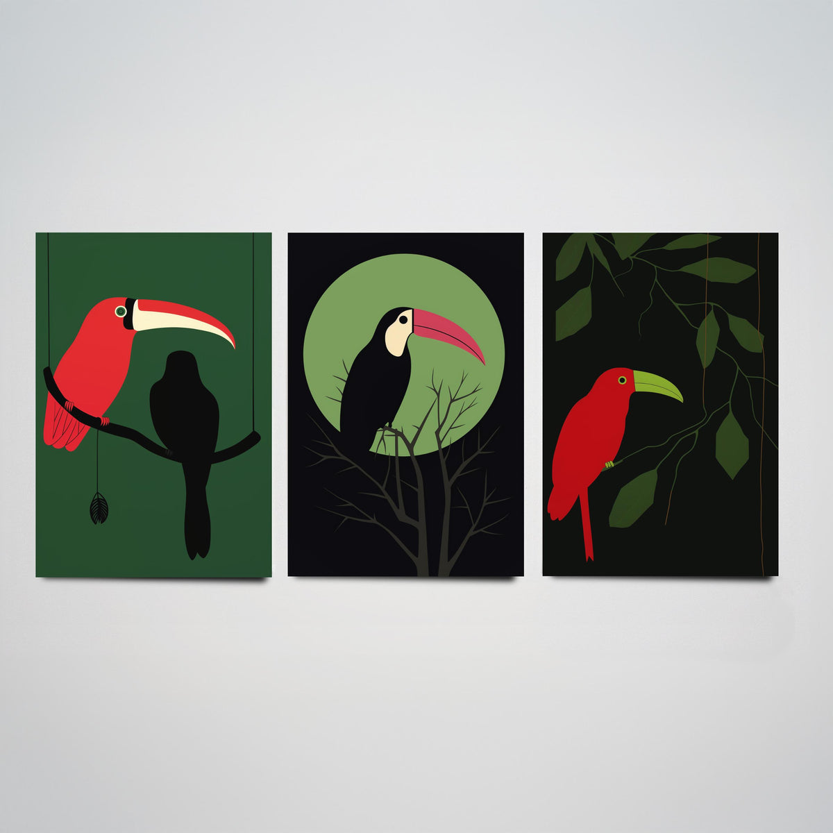 Toucan Set of Three Art Prints - Red and Black Tropical Birds on Jungle Green - Minimalist Mid Century Illustration Poster