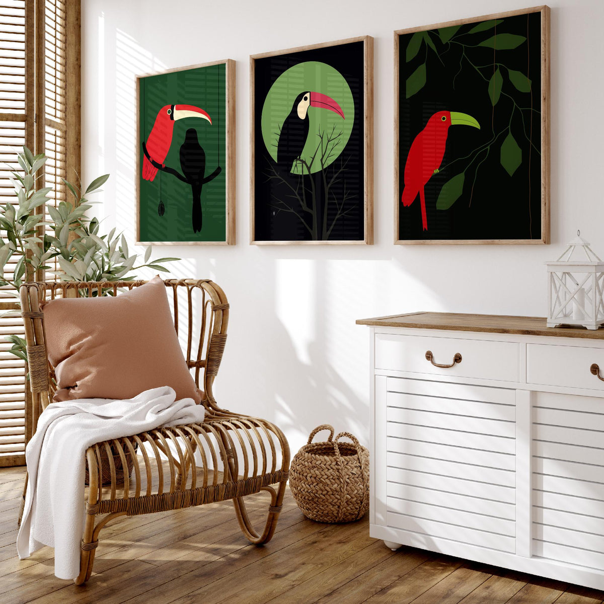 Toucan Set of Three Art Prints - Red and Black Tropical Birds on Jungle Green - Minimalist Mid Century Illustration Poster
