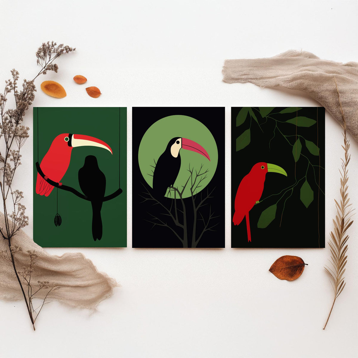 Toucan Set of Three Art Prints - Red and Black Tropical Birds on Jungle Green - Minimalist Mid Century Illustration Poster