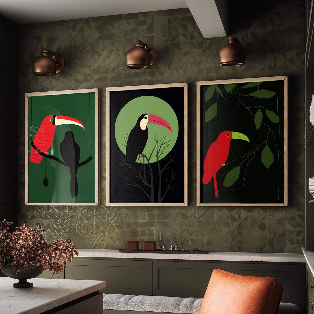 Toucan Set of Three Art Prints - Red and Black Tropical Birds on Jungle Green - Minimalist Mid Century Illustration Poster