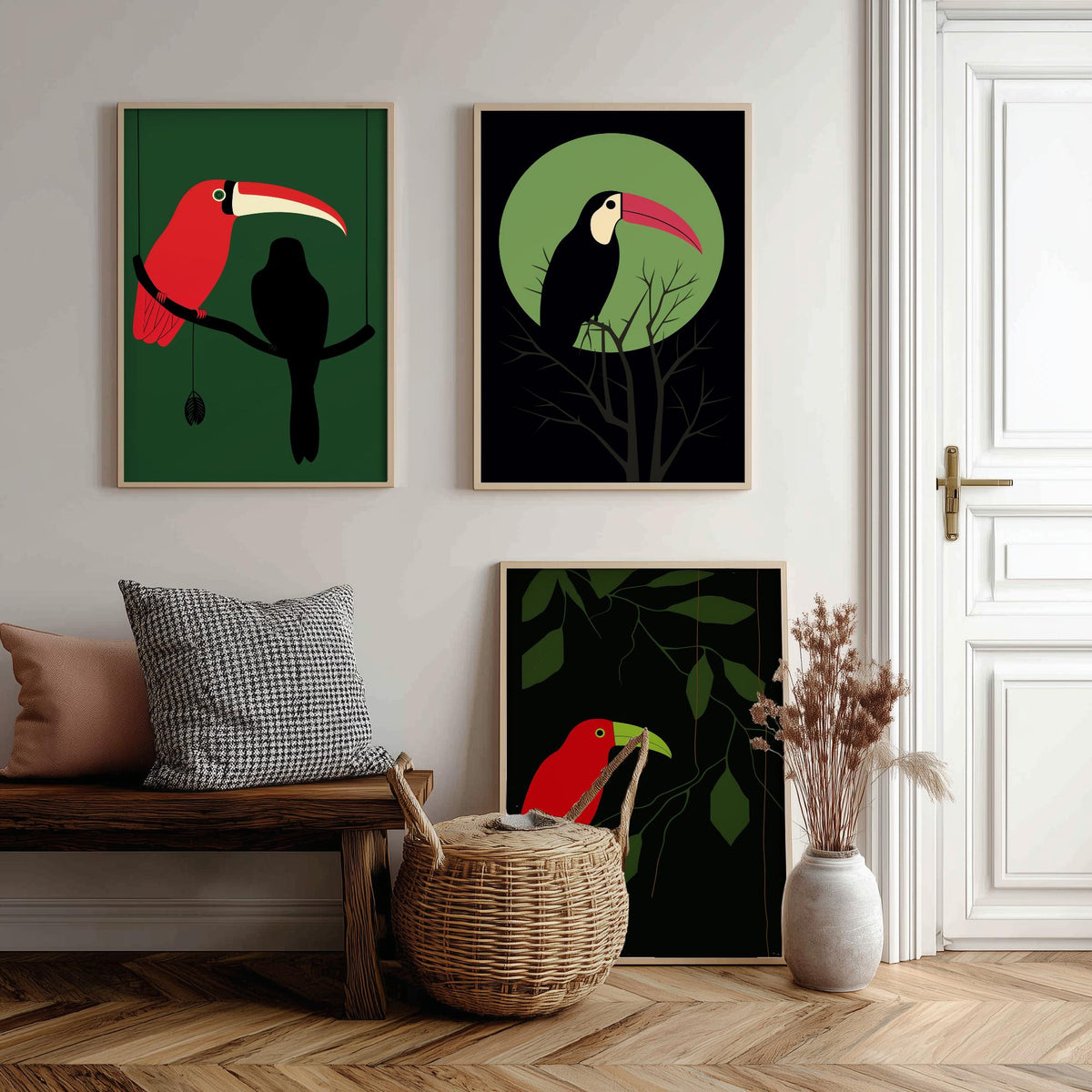 Toucan Set of Three Art Prints - Red and Black Tropical Birds on Jungle Green - Minimalist Mid Century Illustration Poster